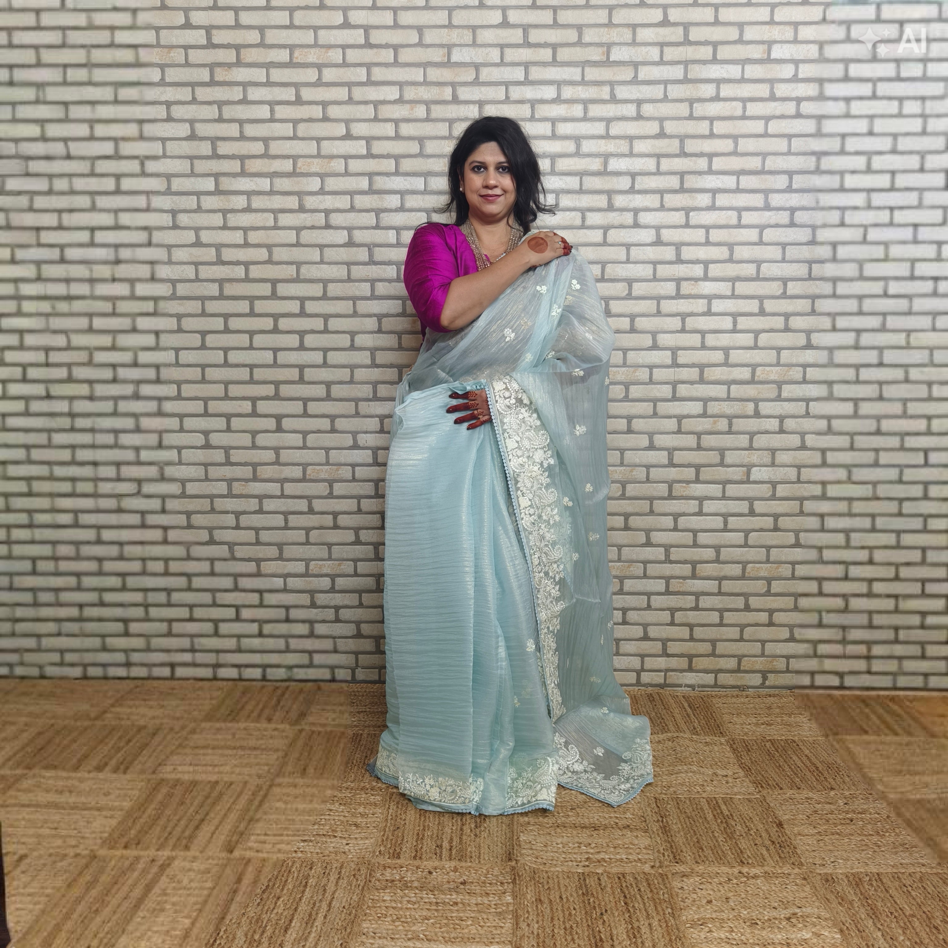 Sky Blue Glass Tissue Organza Saree