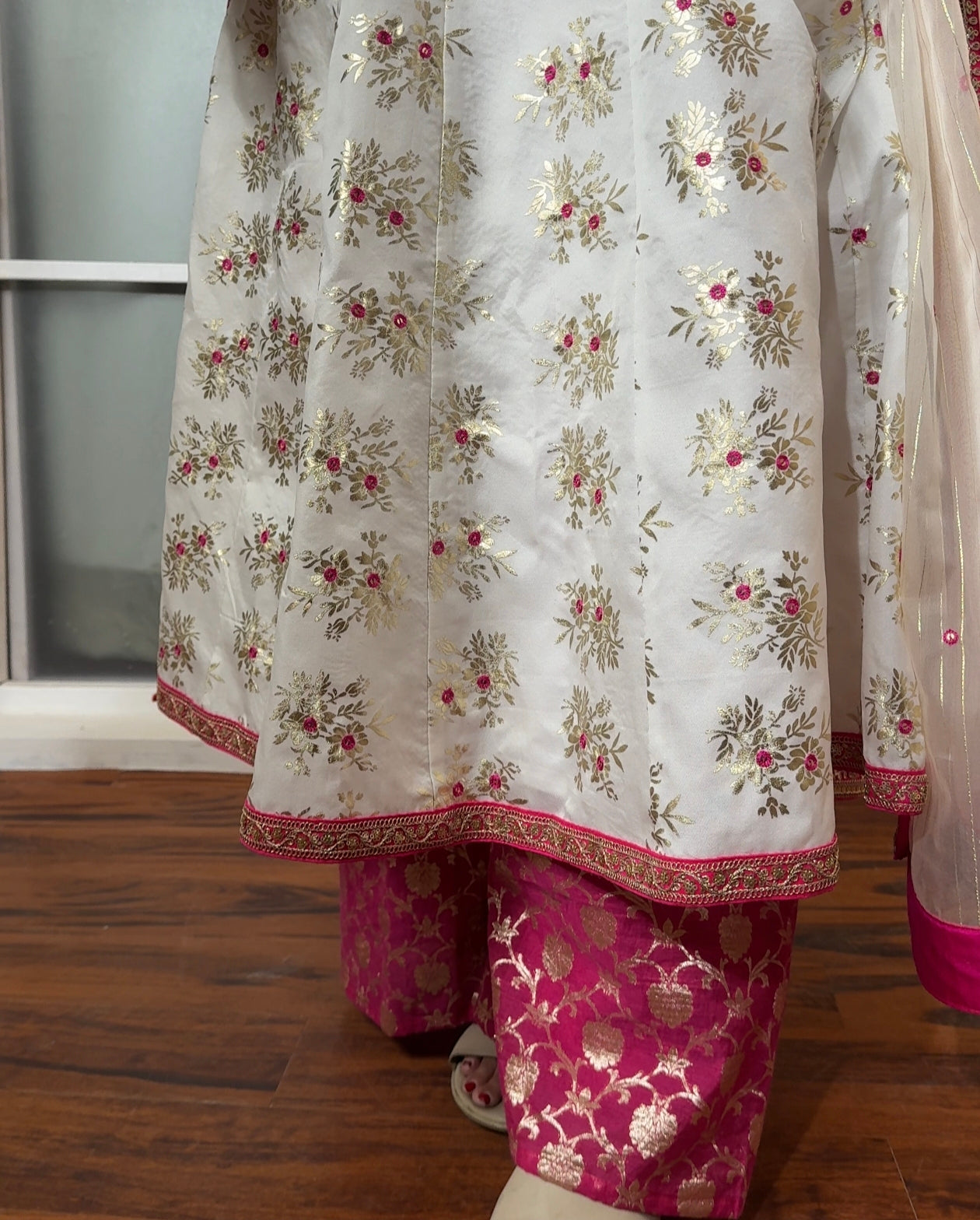 Pure Chanderi White and Pink Kurta Palazzo Set