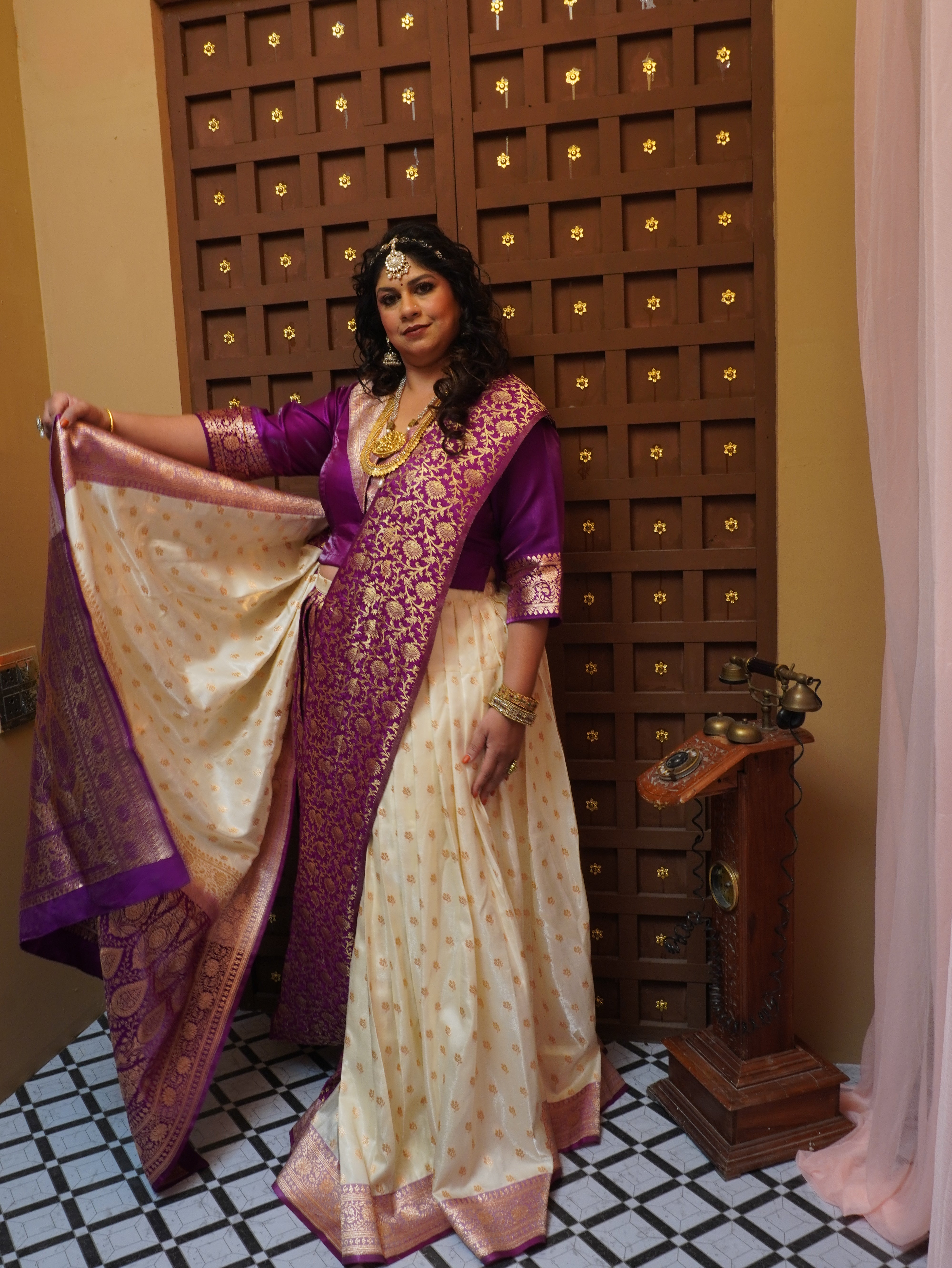 Purple Brocade and Beige Semi Silk Upada Ghagra with Purple Brocade Dupatta