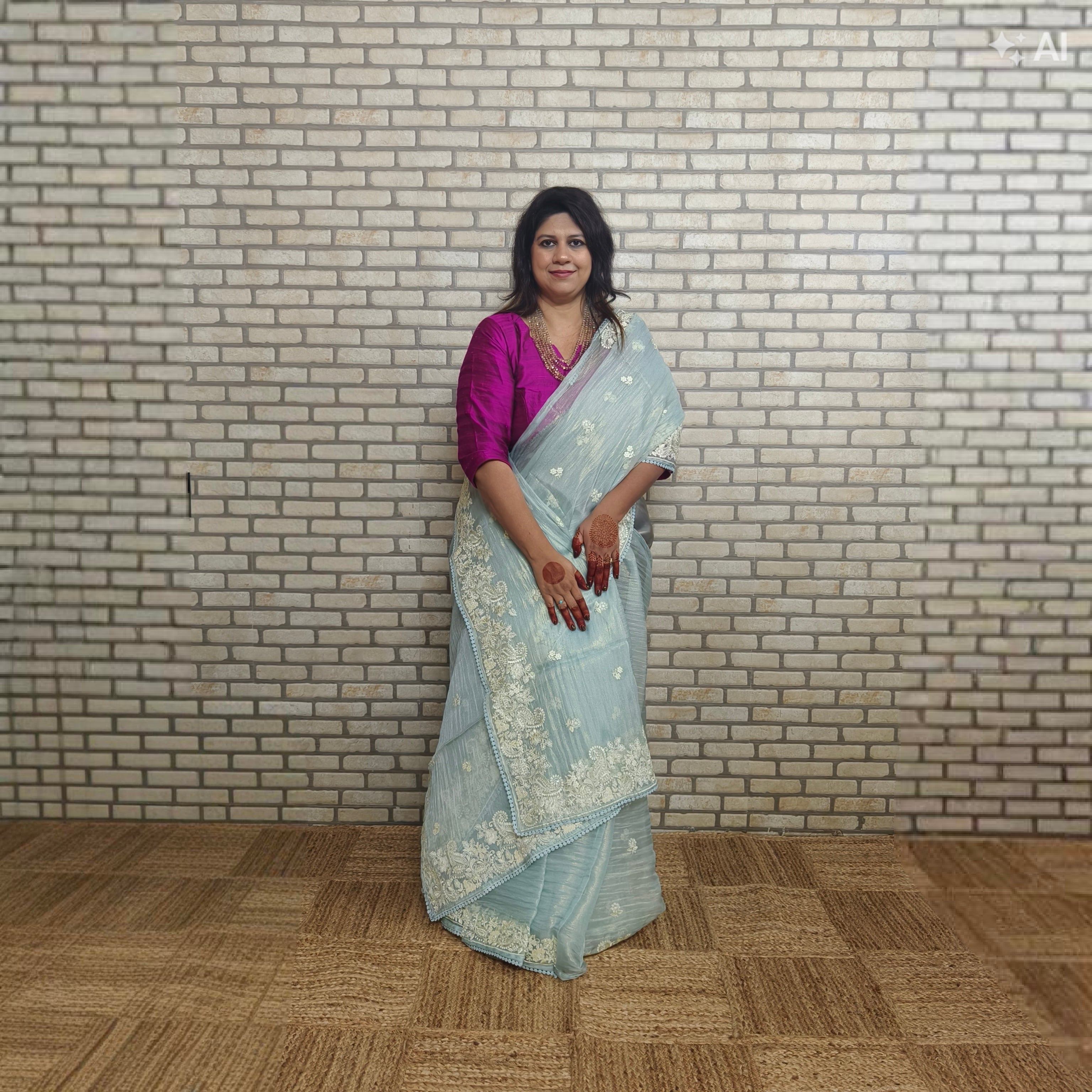 Sky Blue Glass Tissue Organza Saree