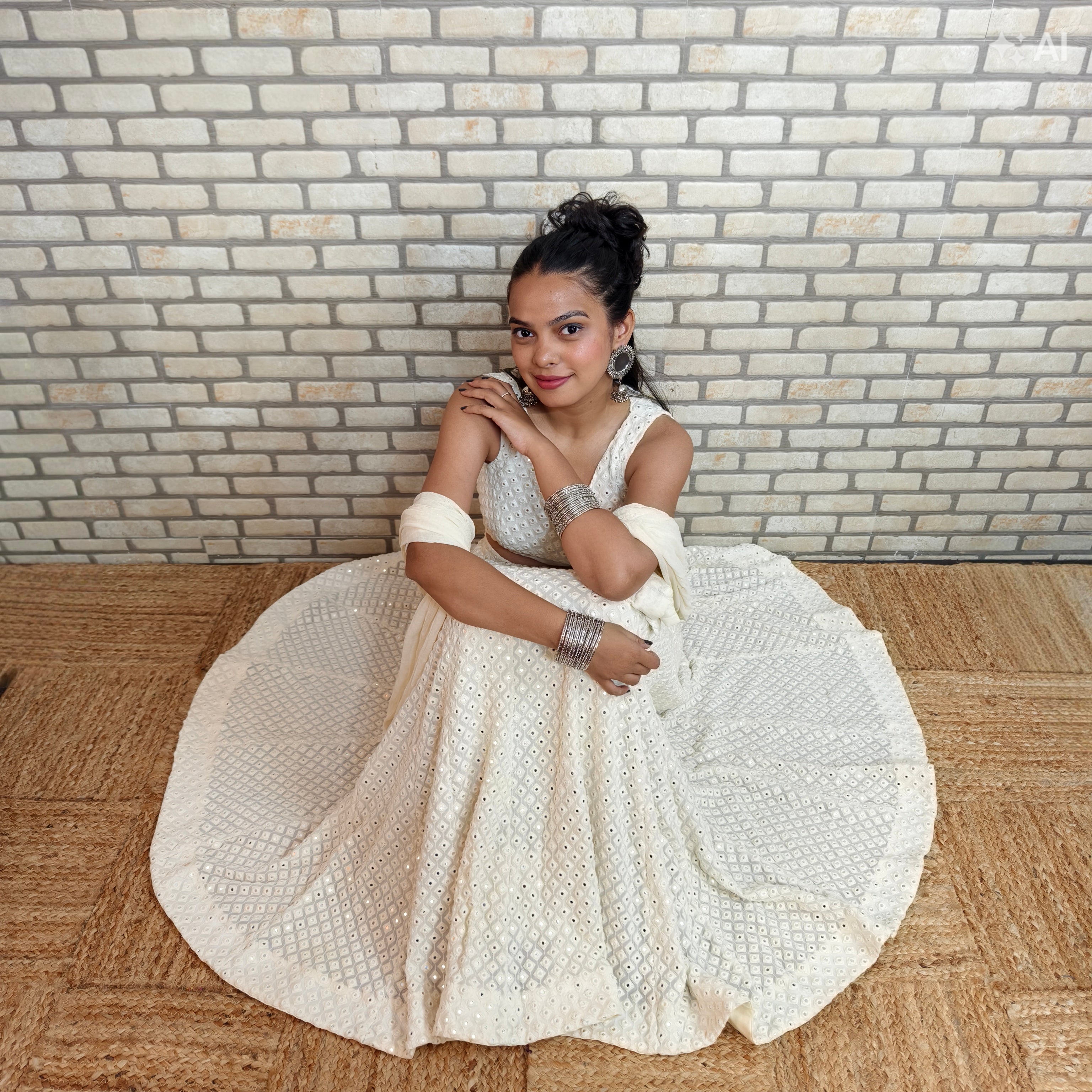 Beige Georgette Chikankari Mirror Work Ghagra Choli with Shimmer Dupatta
