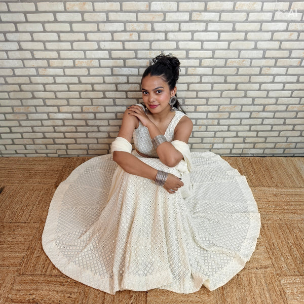 Beige Georgette Chikankari Mirror Work Ghagra Choli with Shimmer Dupatta