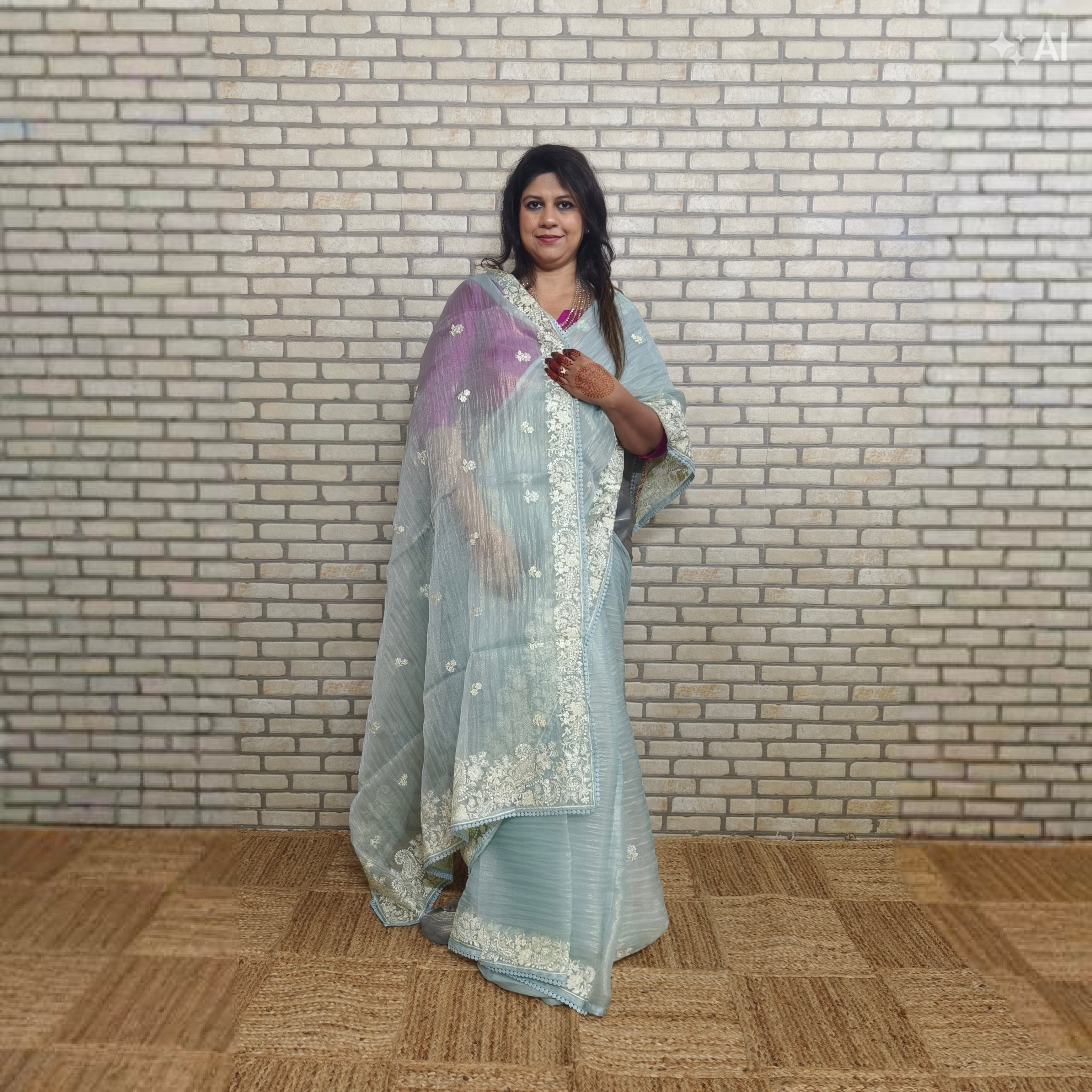 Sky Blue Glass Tissue Organza Saree