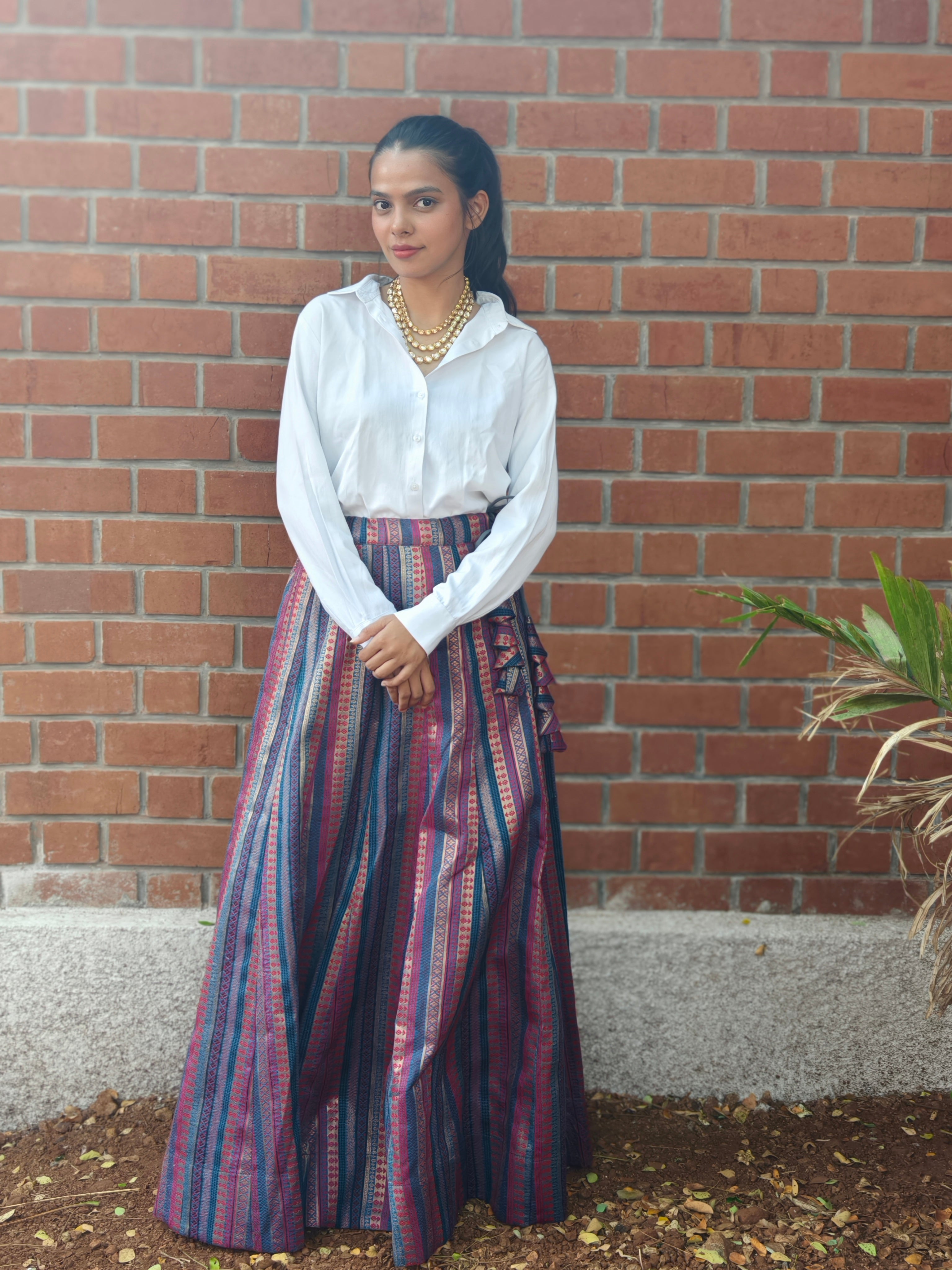 Striped Brocade Skirt with Tassels