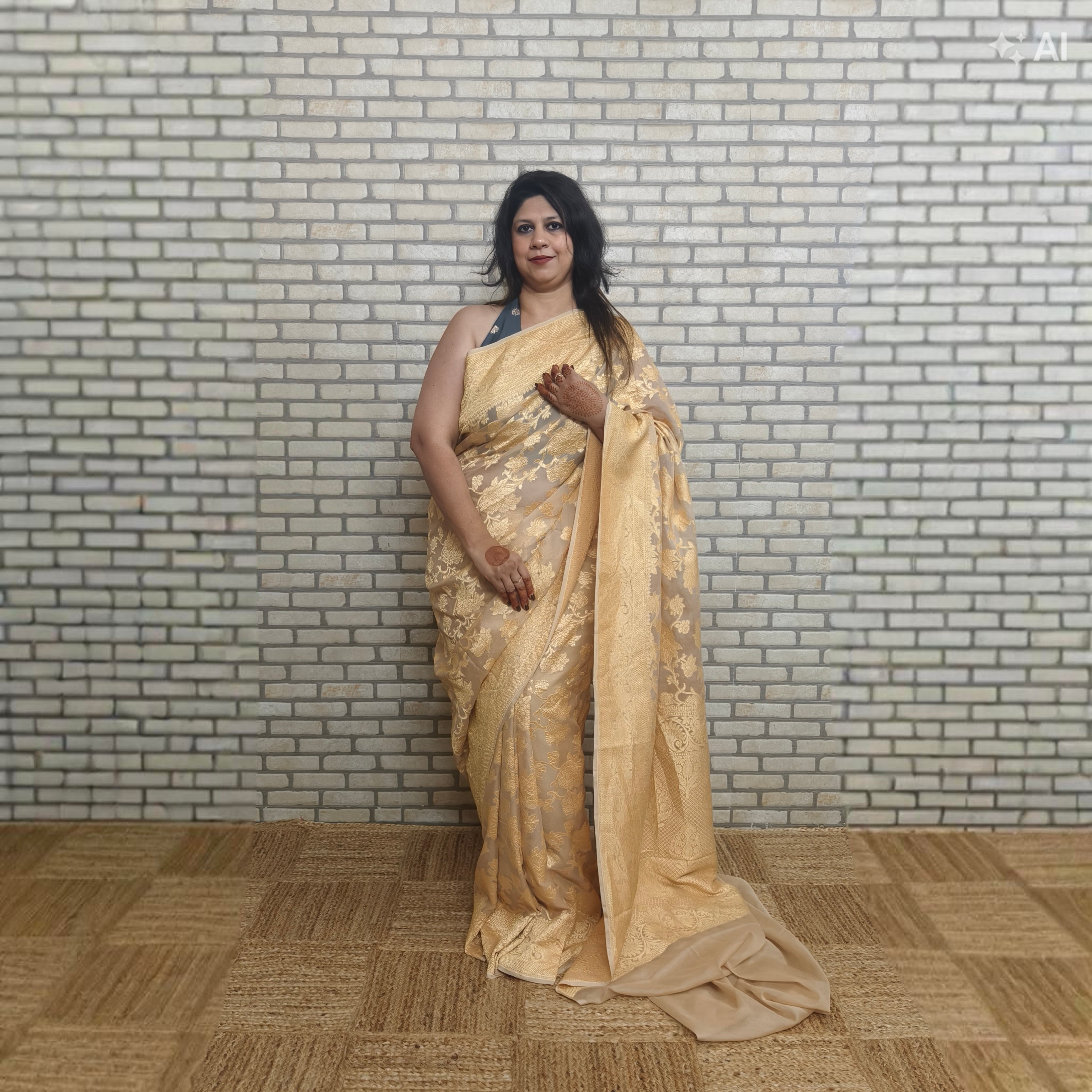 Cream Khaddi Georgette Saree