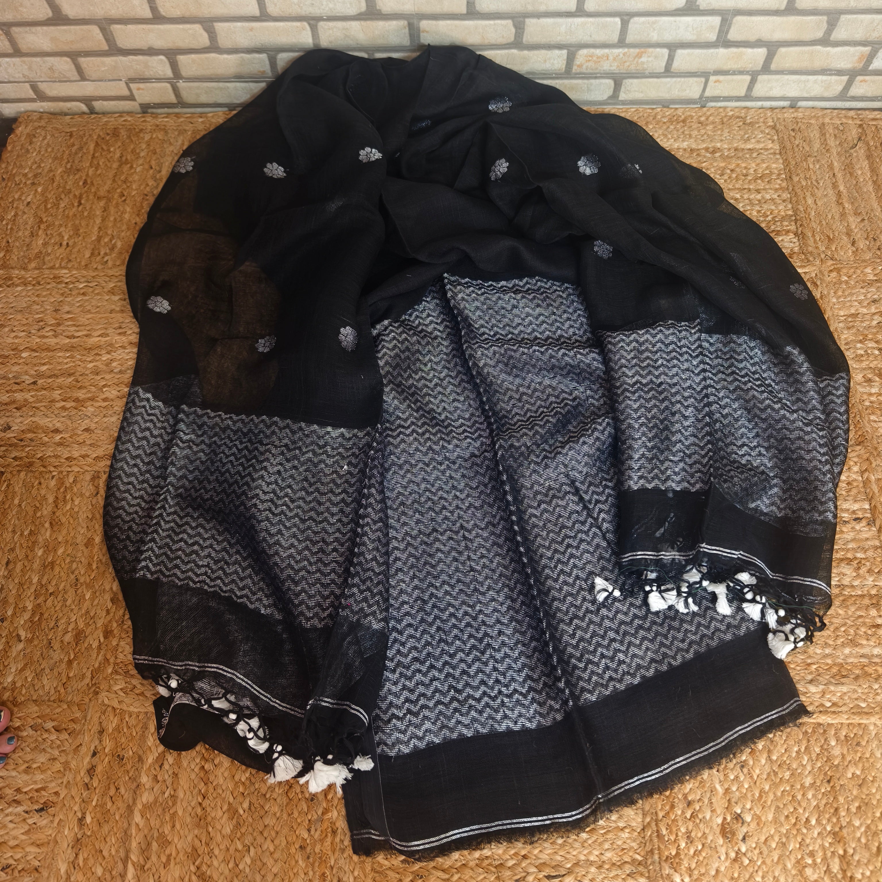 Black and Silver Linen Kurta Dupatta Set