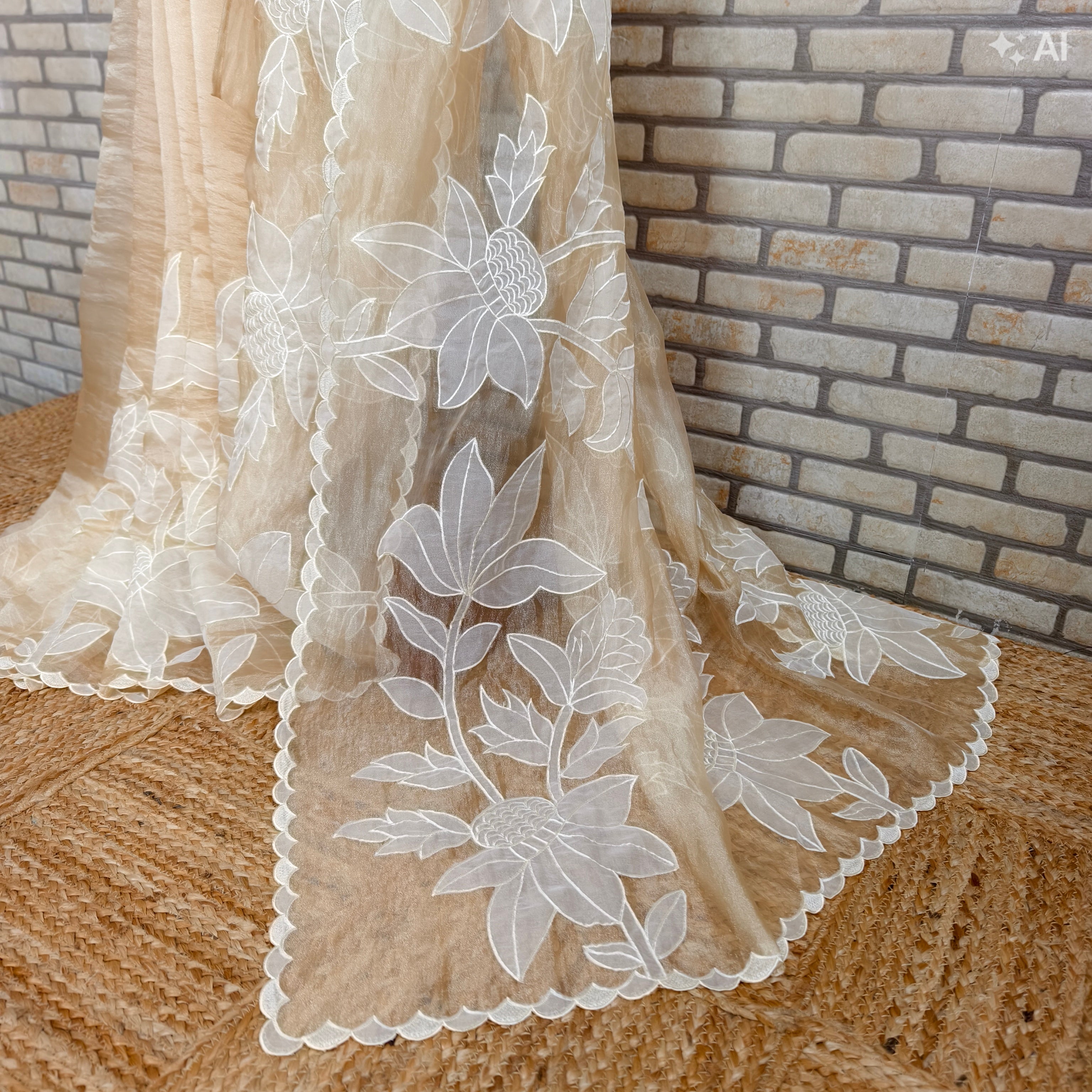 Beige Golden Tissue Organza Saree