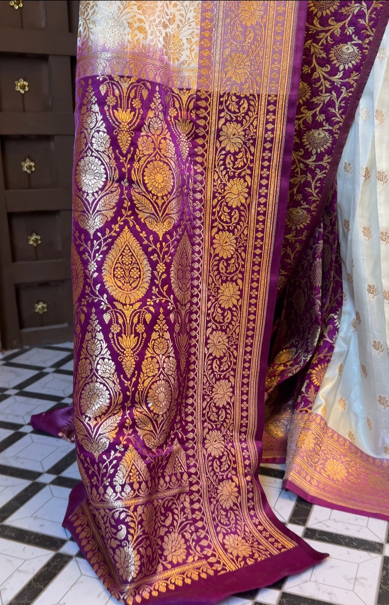Purple Brocade and Beige Semi Silk Upada Ghagra with Purple Brocade Dupatta