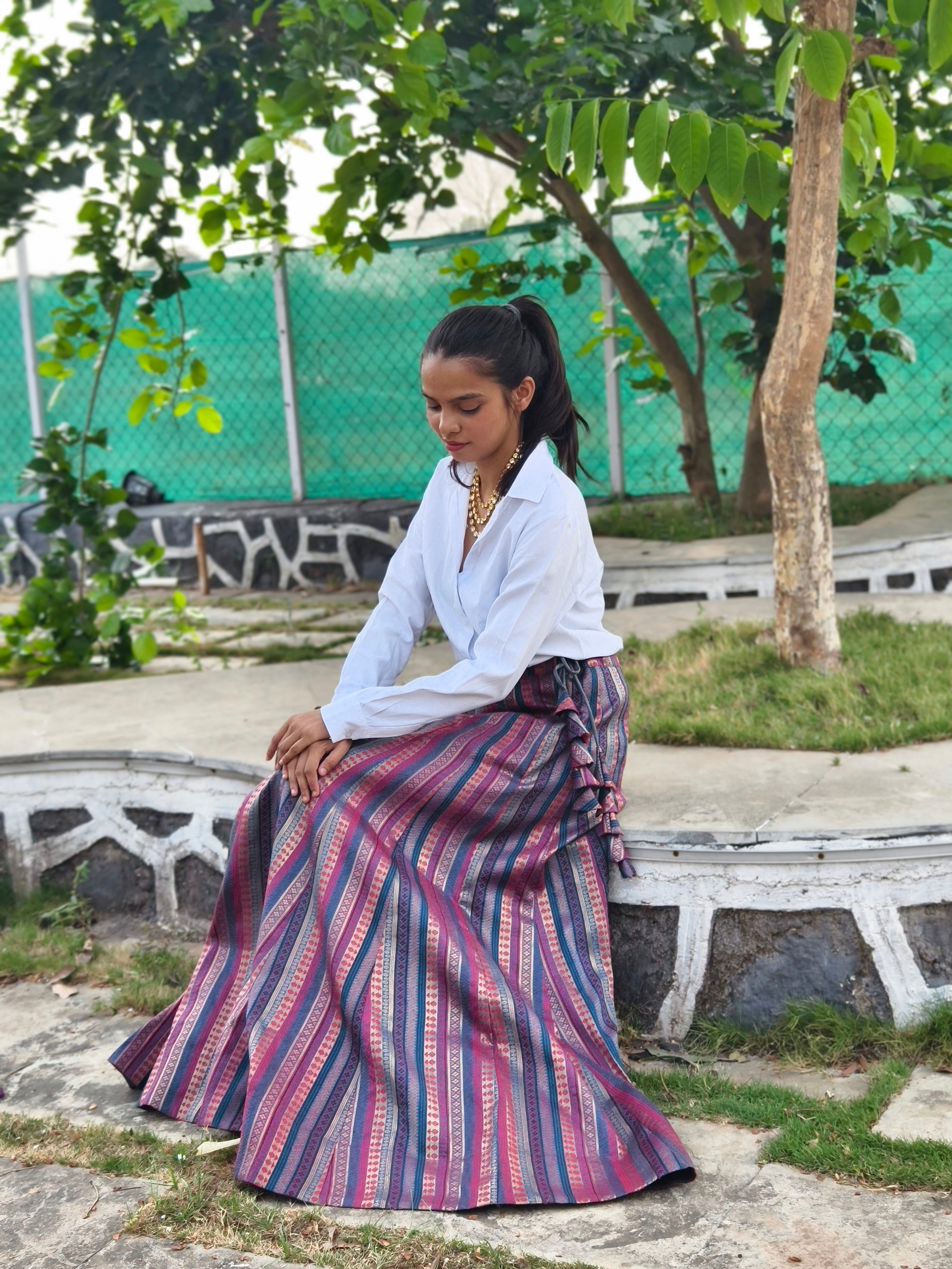 Striped Brocade Skirt with Tassels