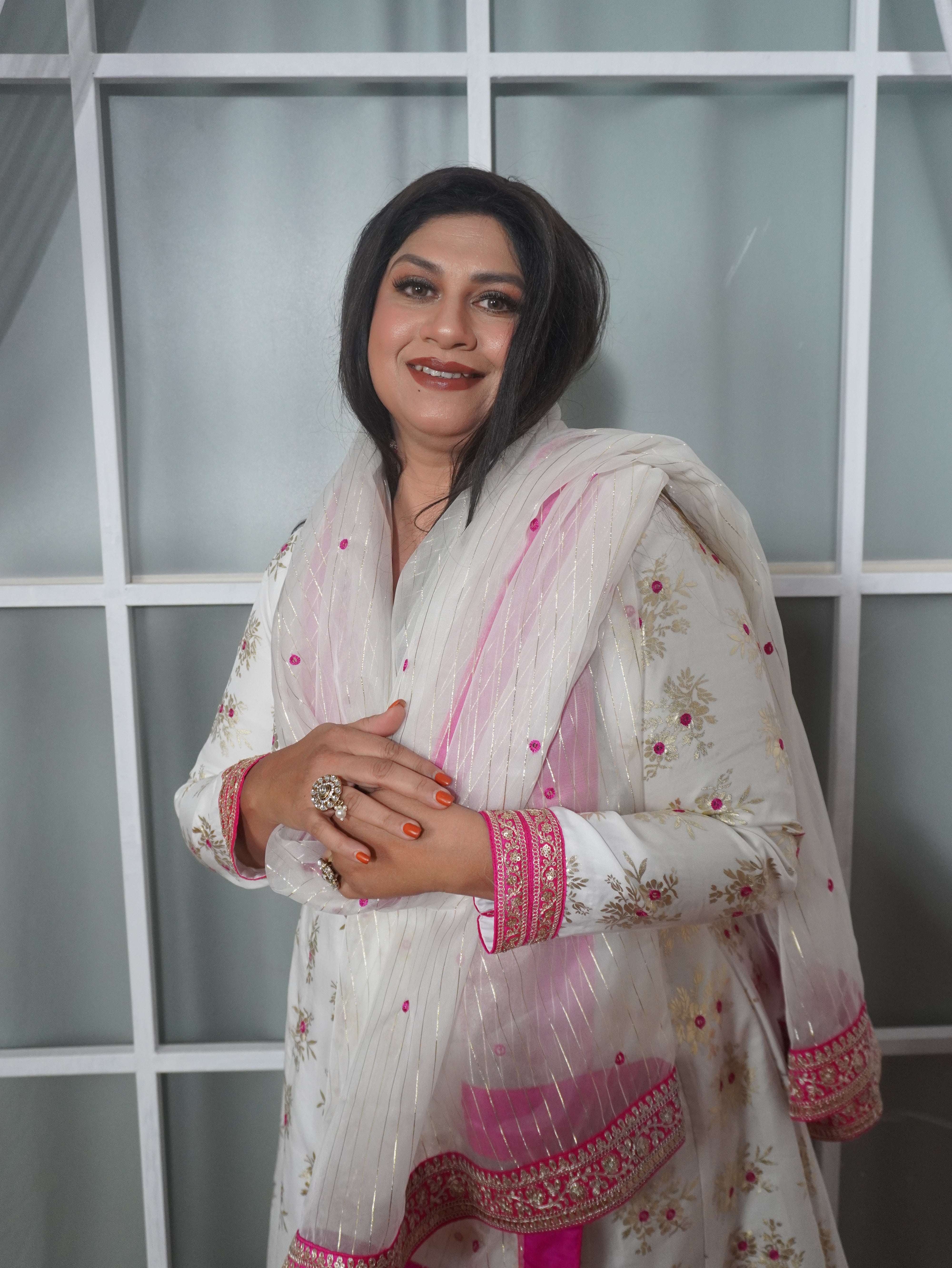 Pure Chanderi White and Pink Kurta Palazzo Set