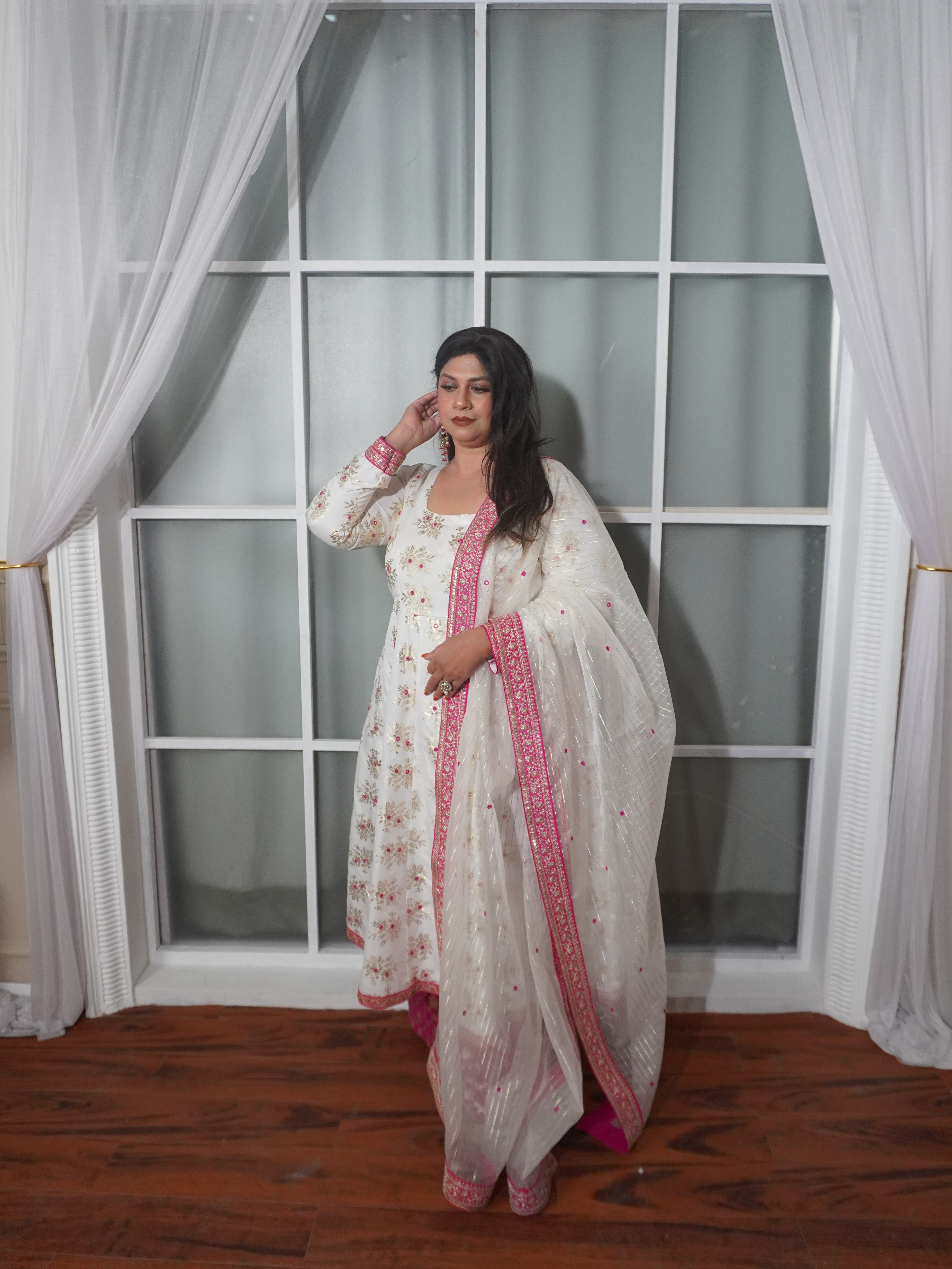 Pure Chanderi White and Pink Kurta Palazzo Set