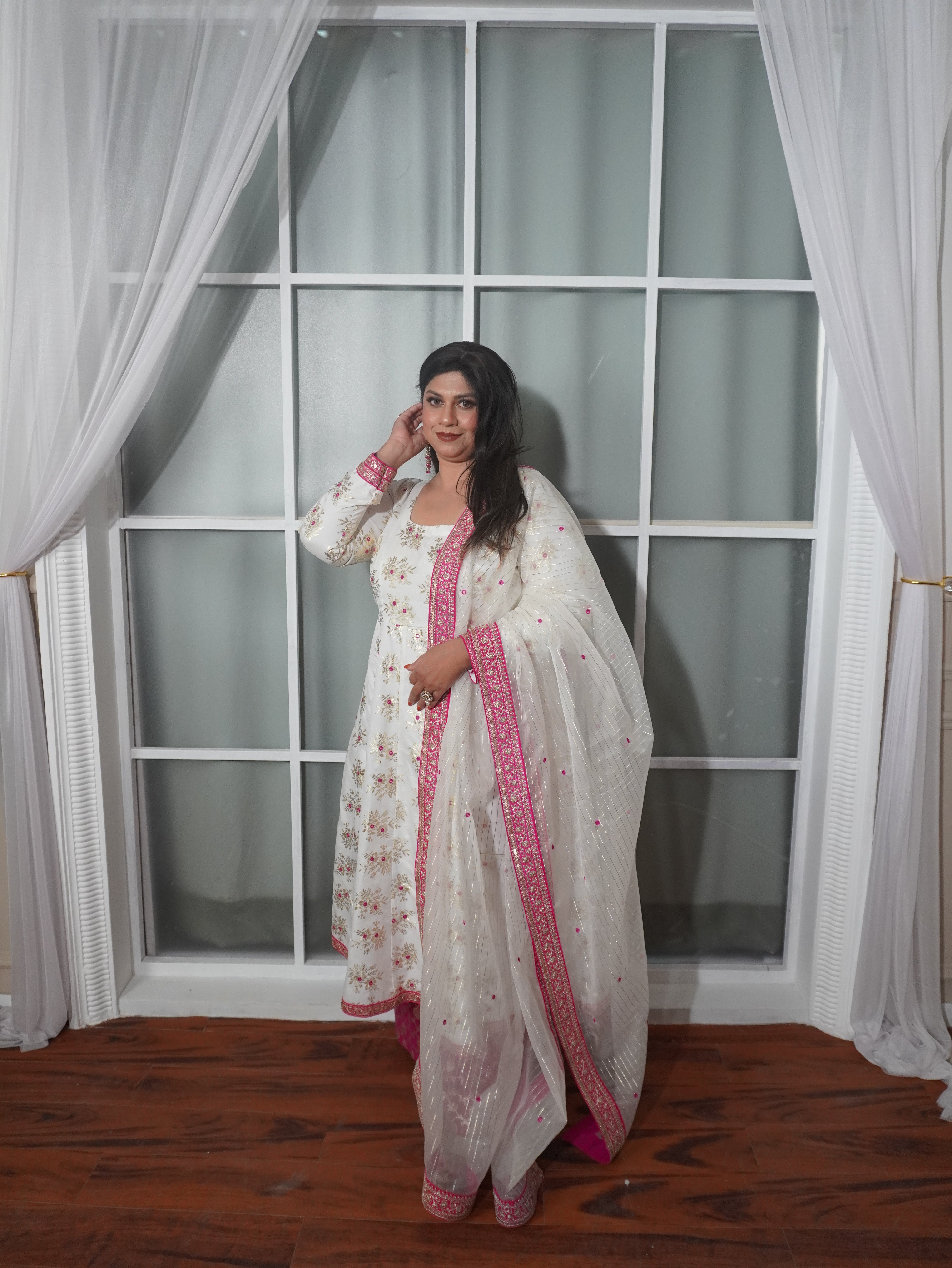 Pure Chanderi White and Pink Kurta Palazzo Set