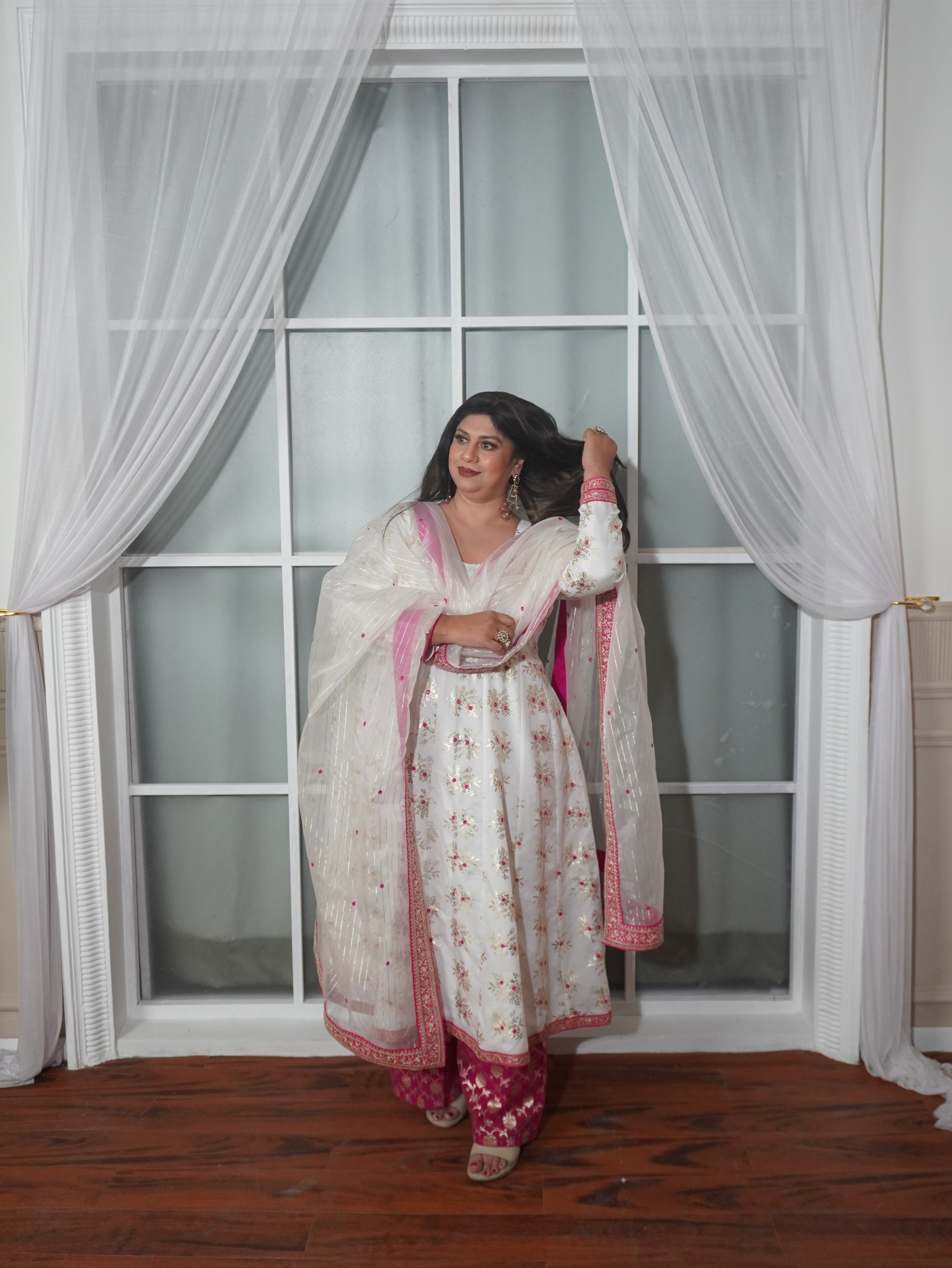 Pure Chanderi White and Pink Kurta Palazzo Set