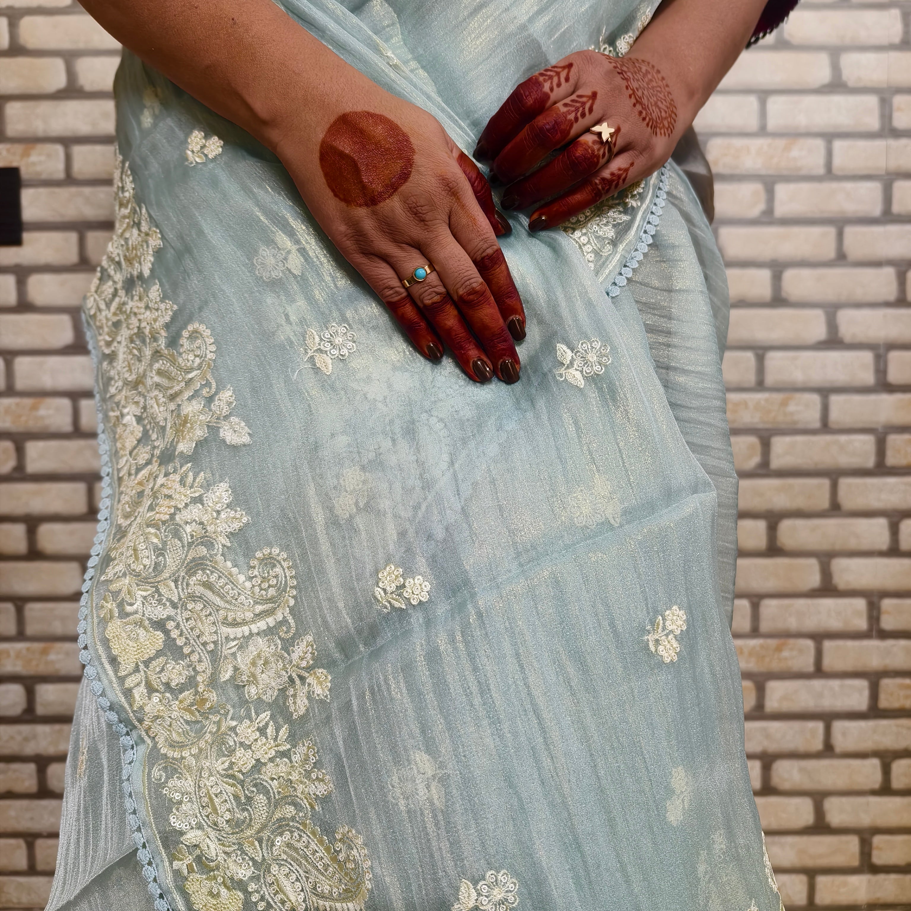 Sky Blue Glass Tissue Organza Saree