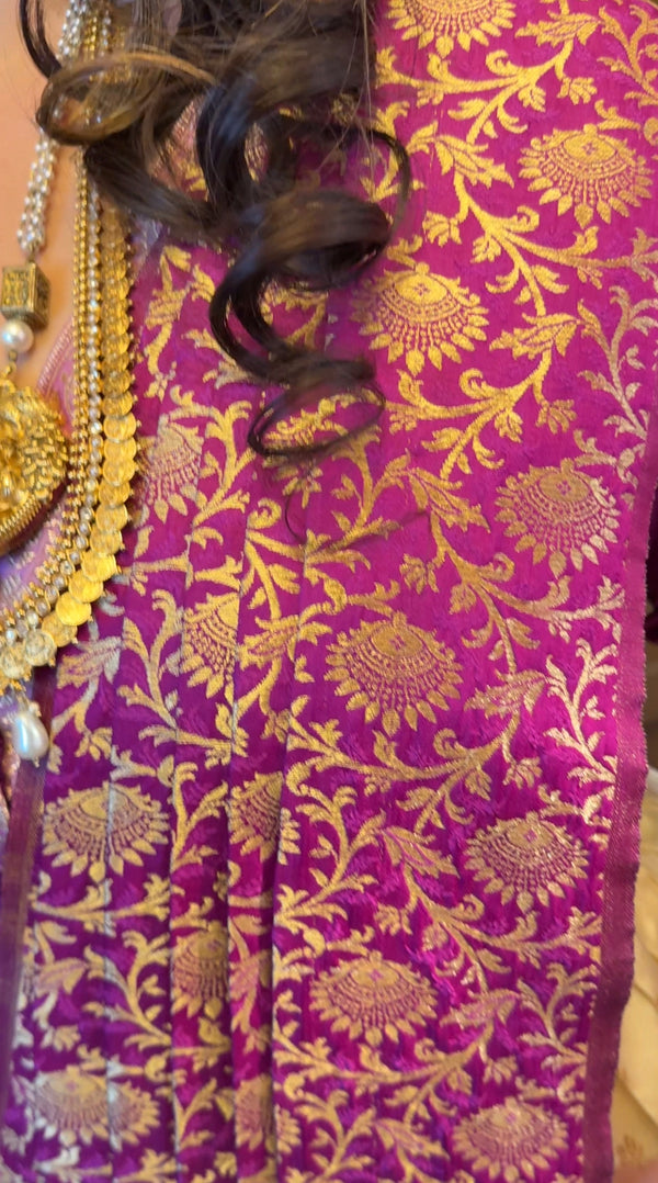 Purple Brocade and Beige Semi Silk Upada Ghagra with Purple Brocade Dupatta
