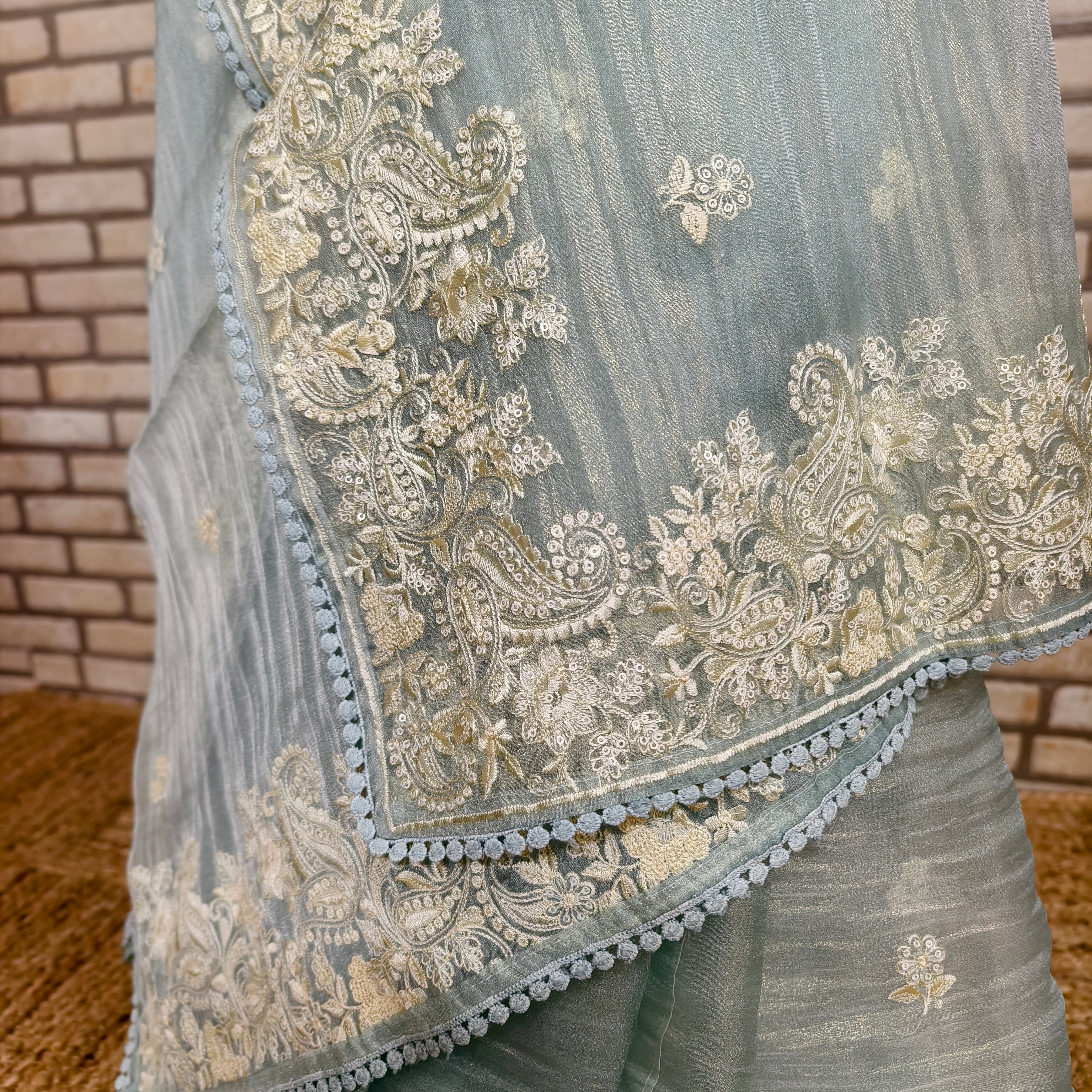 Sky Blue Glass Tissue Organza Saree