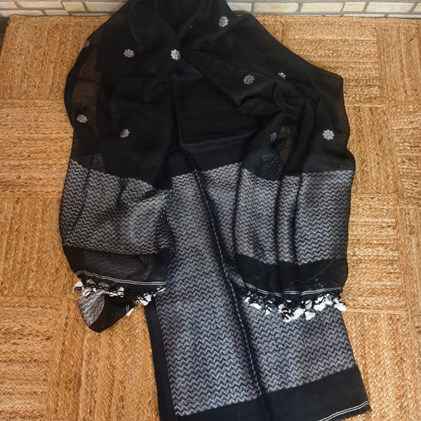 Black and Silver Linen Kurta Dupatta Set