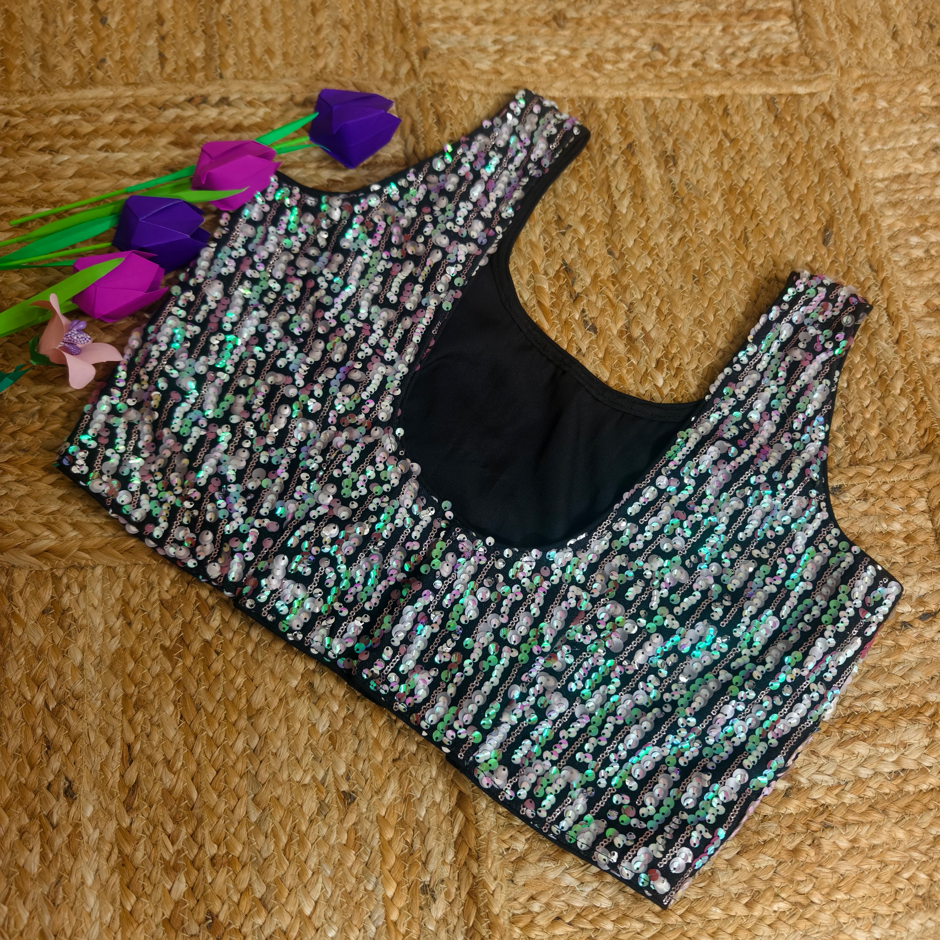 Black Multicoloured Sequence Sleeveless Blouse (Size 36)