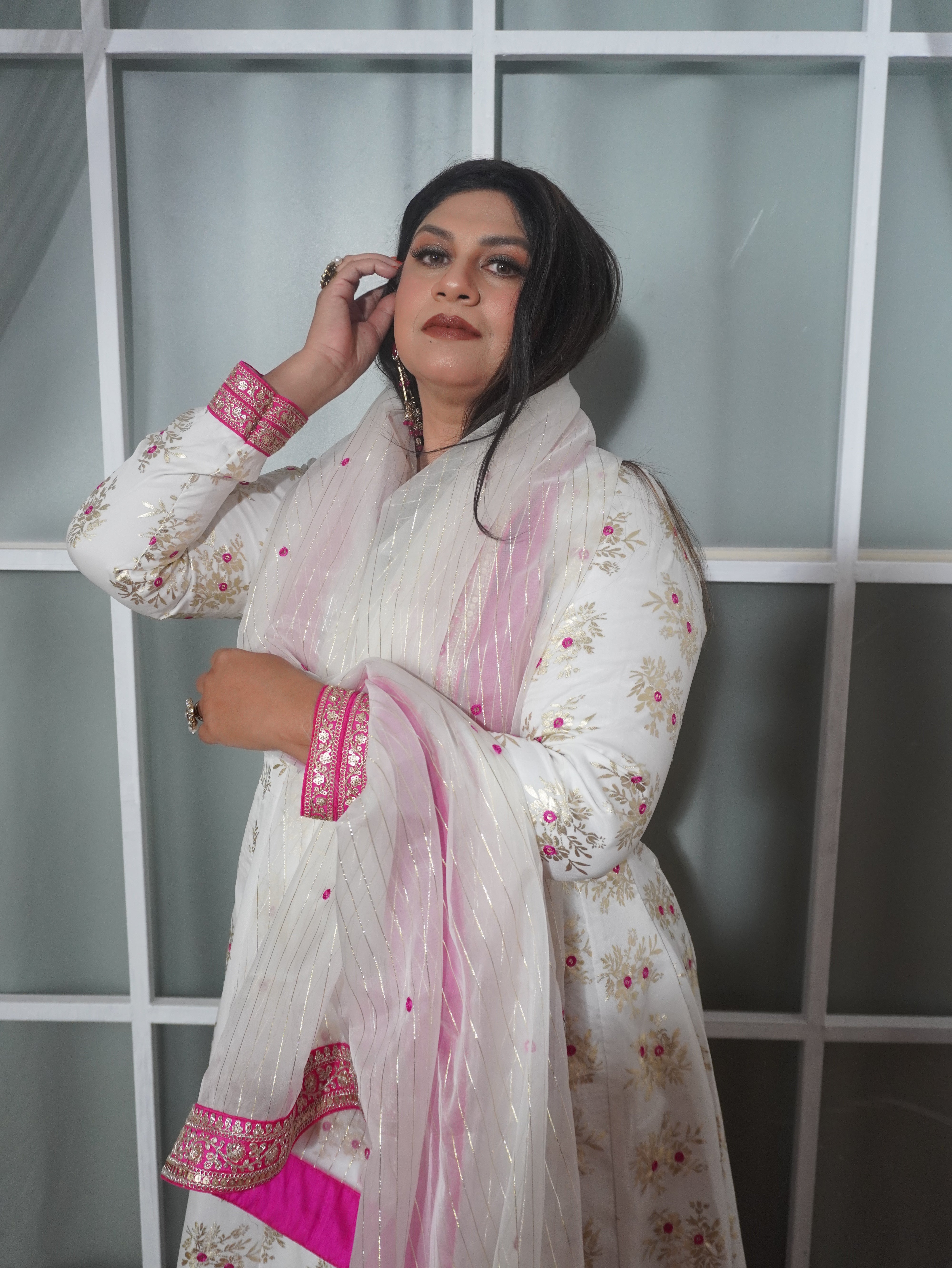 Pure Chanderi White and Pink Kurta Palazzo Set