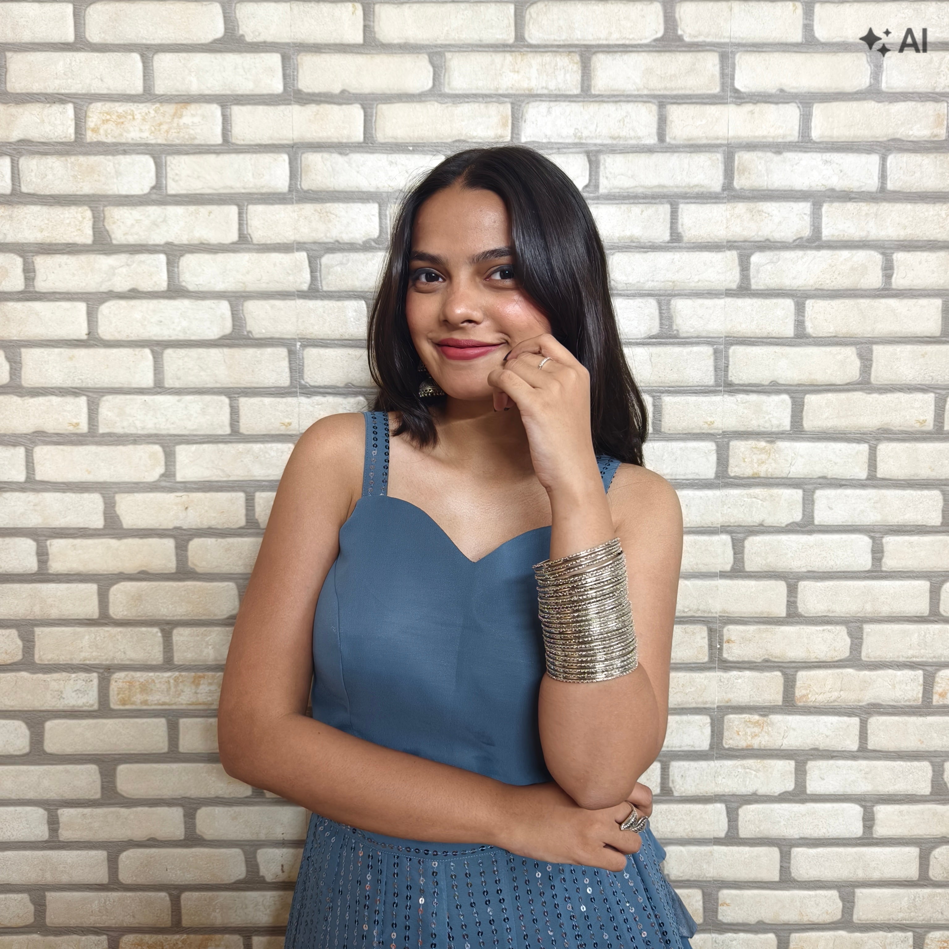 Grey Sequence Ghagra with Plain Blouse