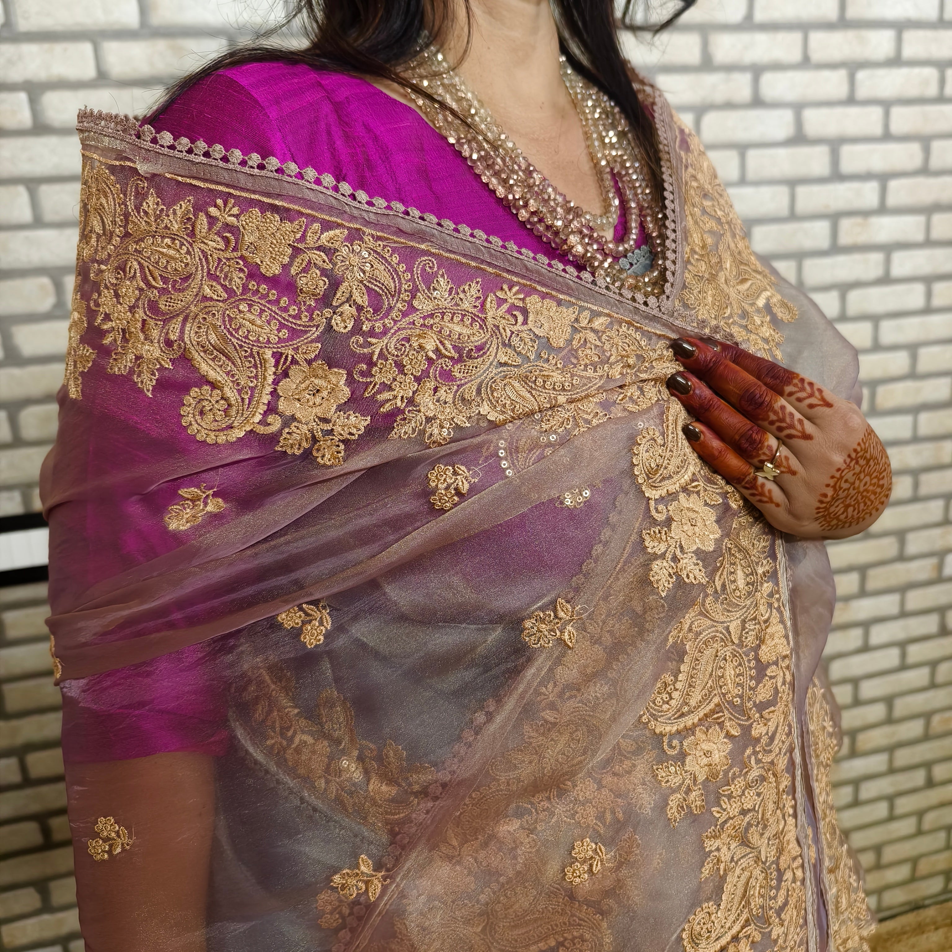 Purplish Tinged Glass Tissue Organza Saree