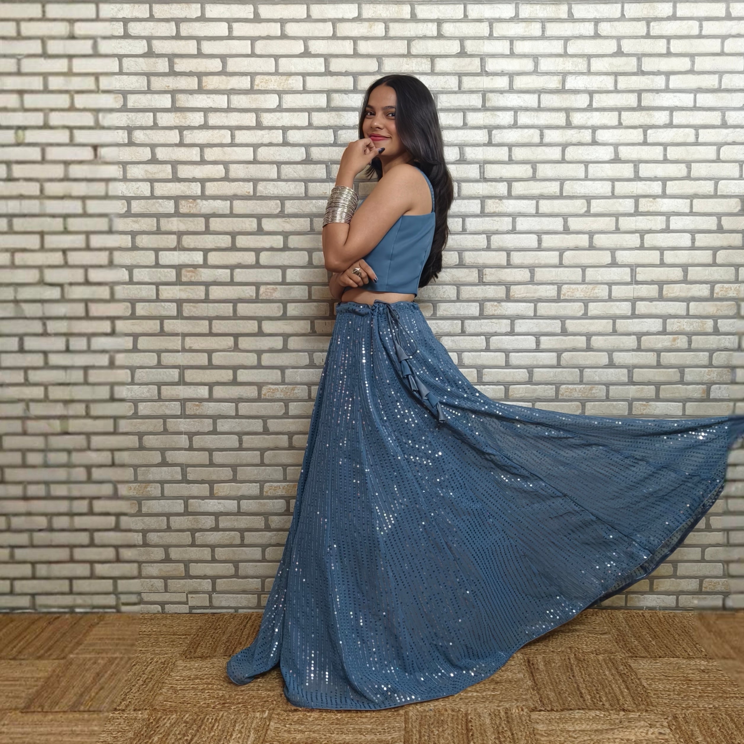 Grey Sequence Ghagra with Plain Blouse