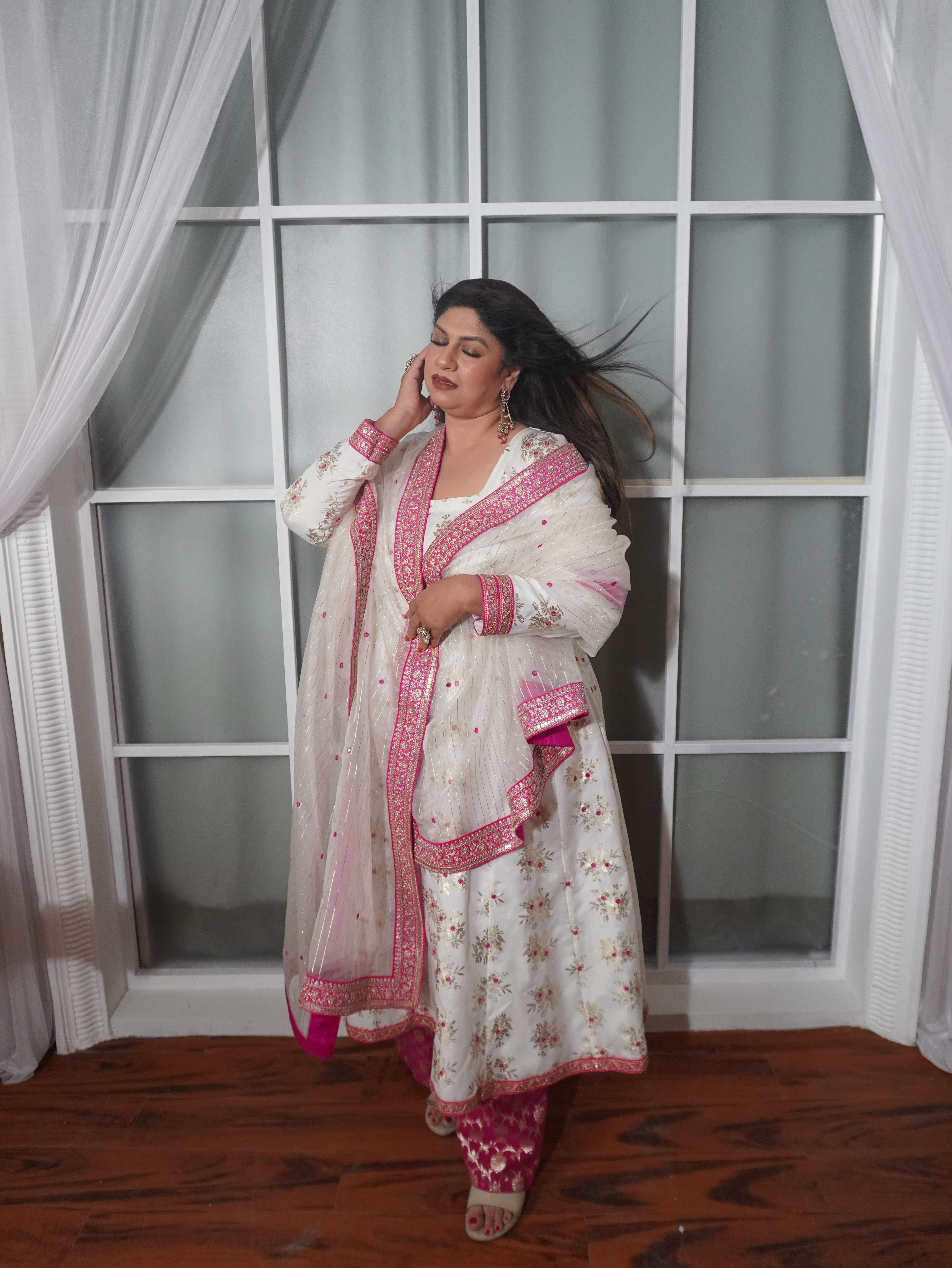 Pure Chanderi White and Pink Kurta Palazzo Set