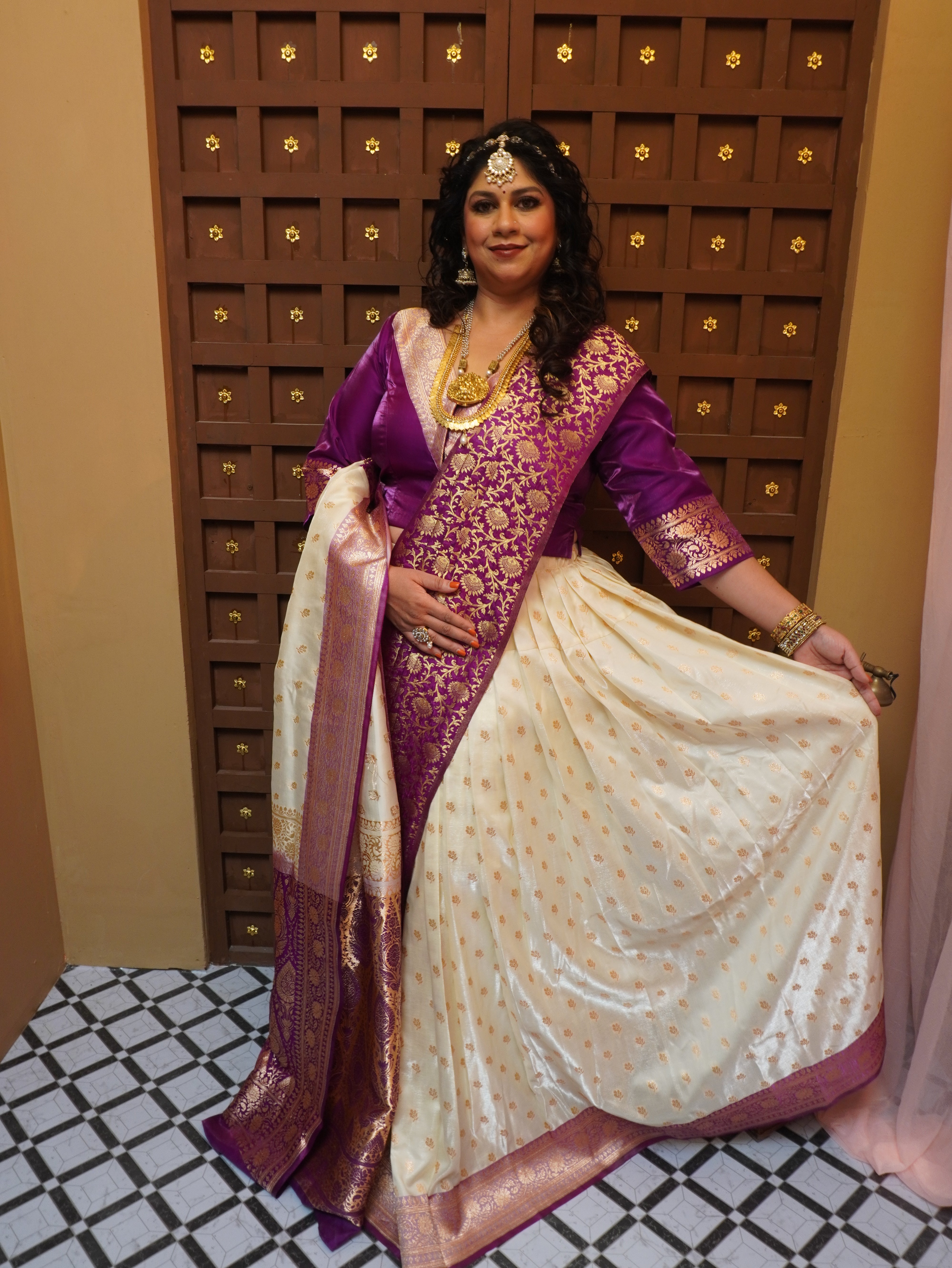 Purple Brocade and Beige Semi Silk Upada Ghagra with Purple Brocade Dupatta