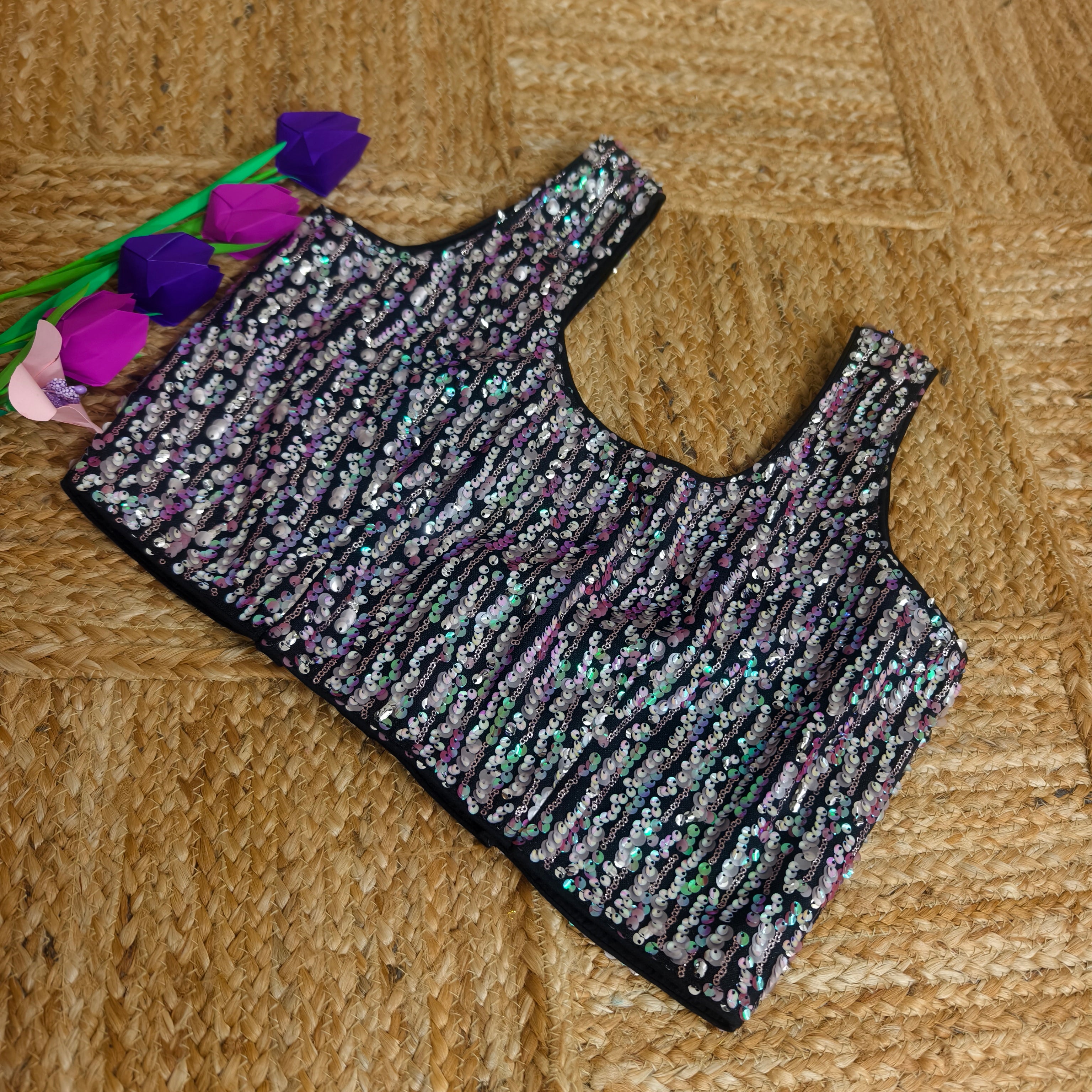 Black Multicoloured Sequence Sleeveless Blouse (Size 36)