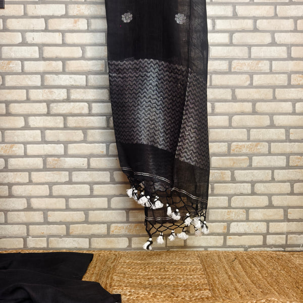 Black and Silver Linen Kurta Dupatta Set