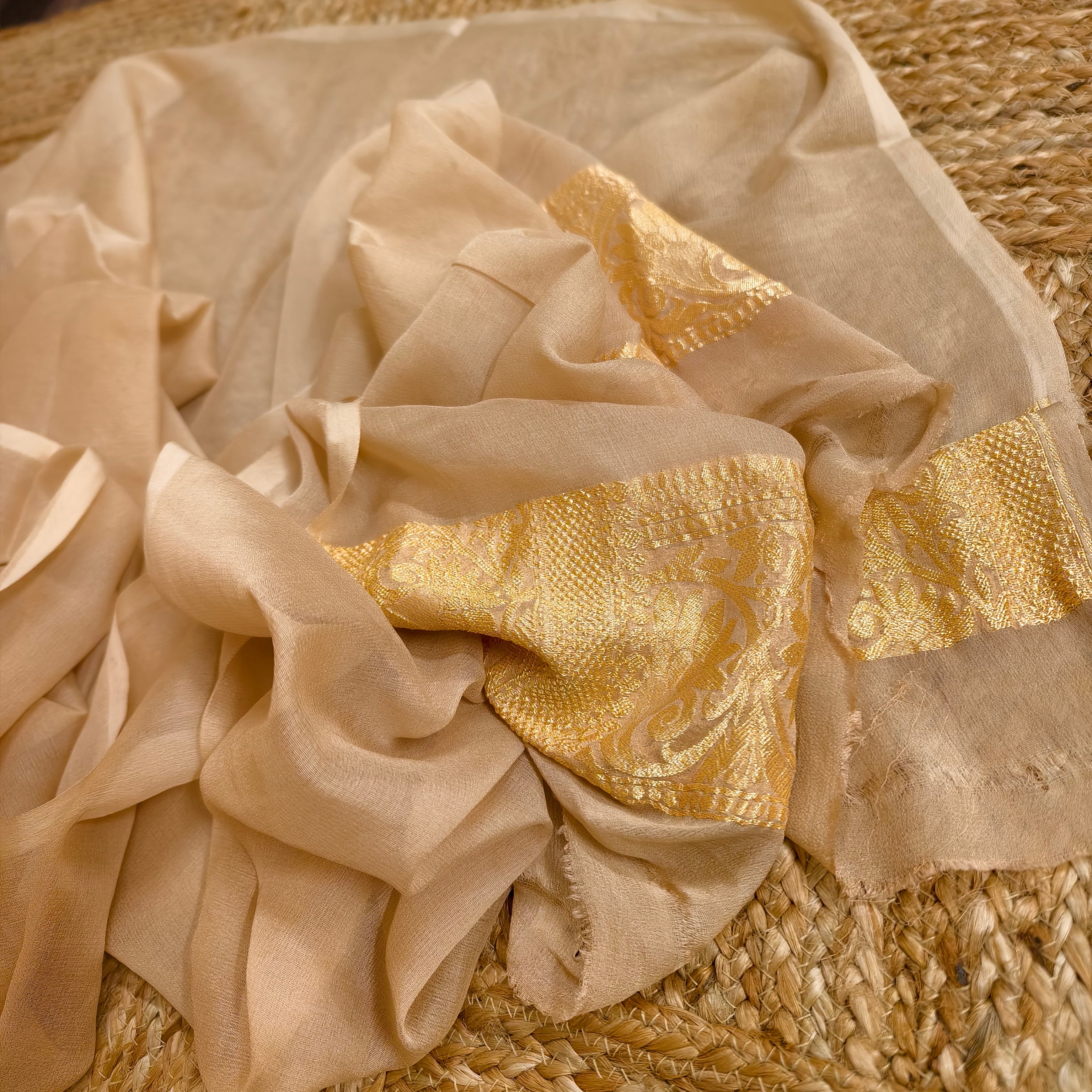 Cream Khaddi Georgette Saree
