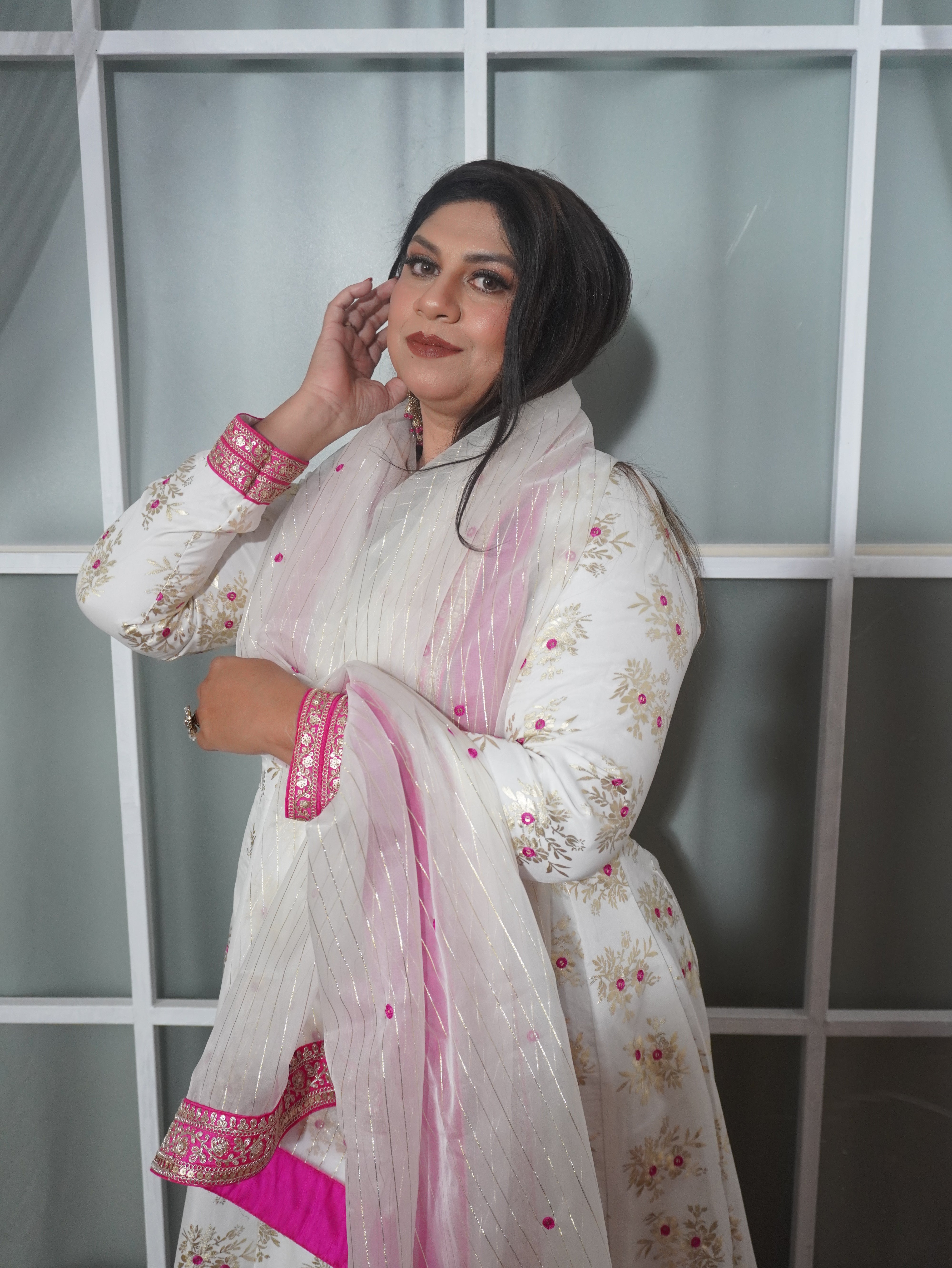Pure Chanderi White and Pink Kurta Palazzo Set