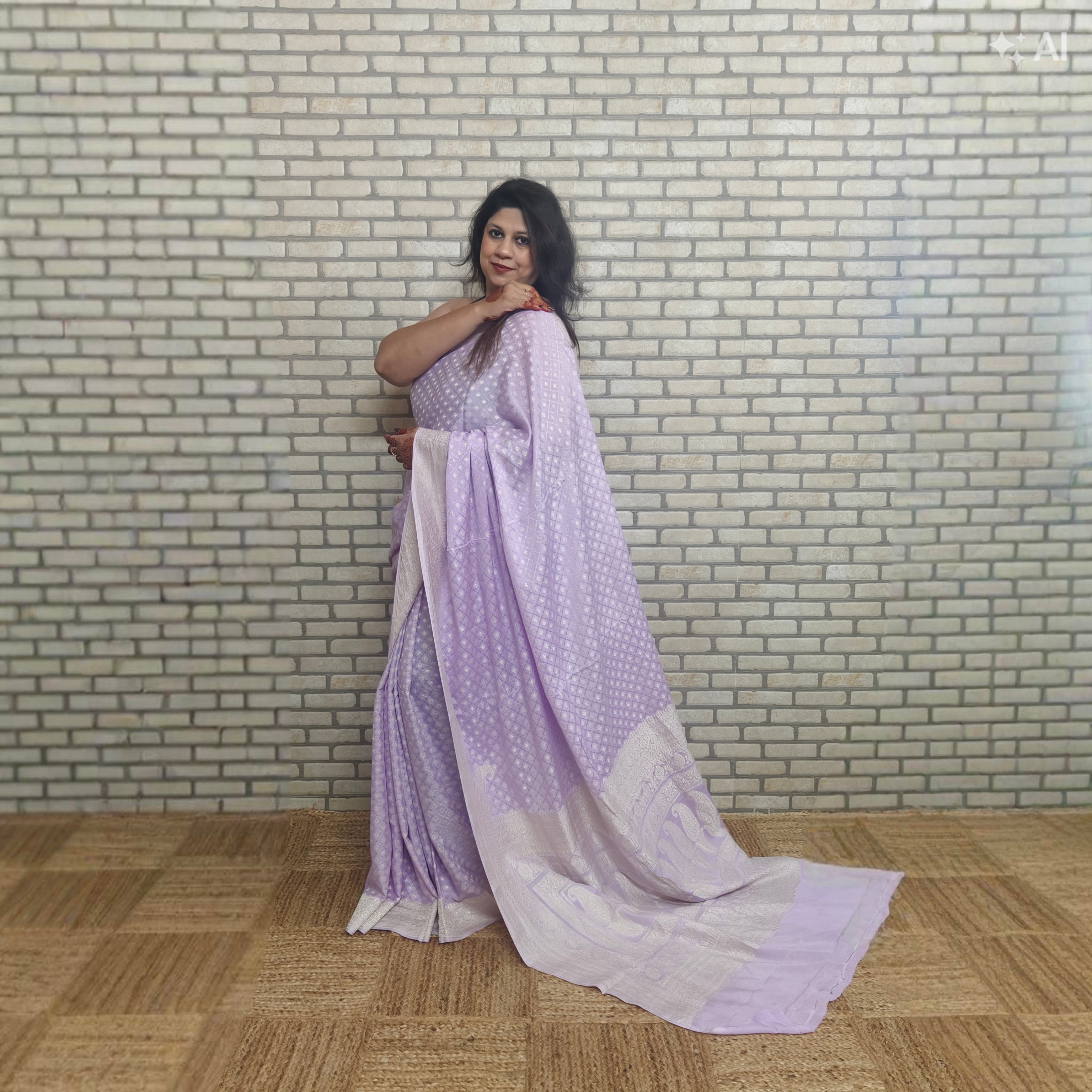Lilac Khaddi Georgette Checkered Saree