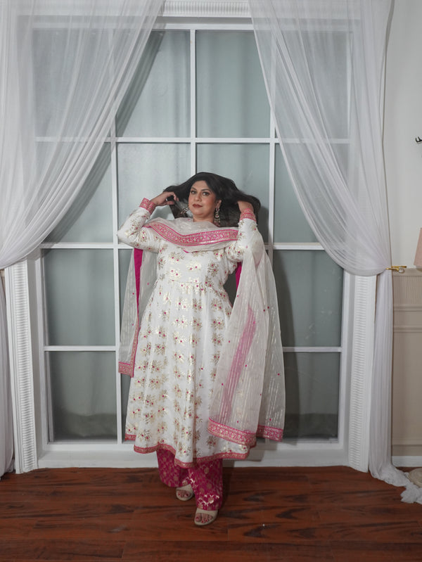 Pure Chanderi White and Pink Kurta Palazzo Set