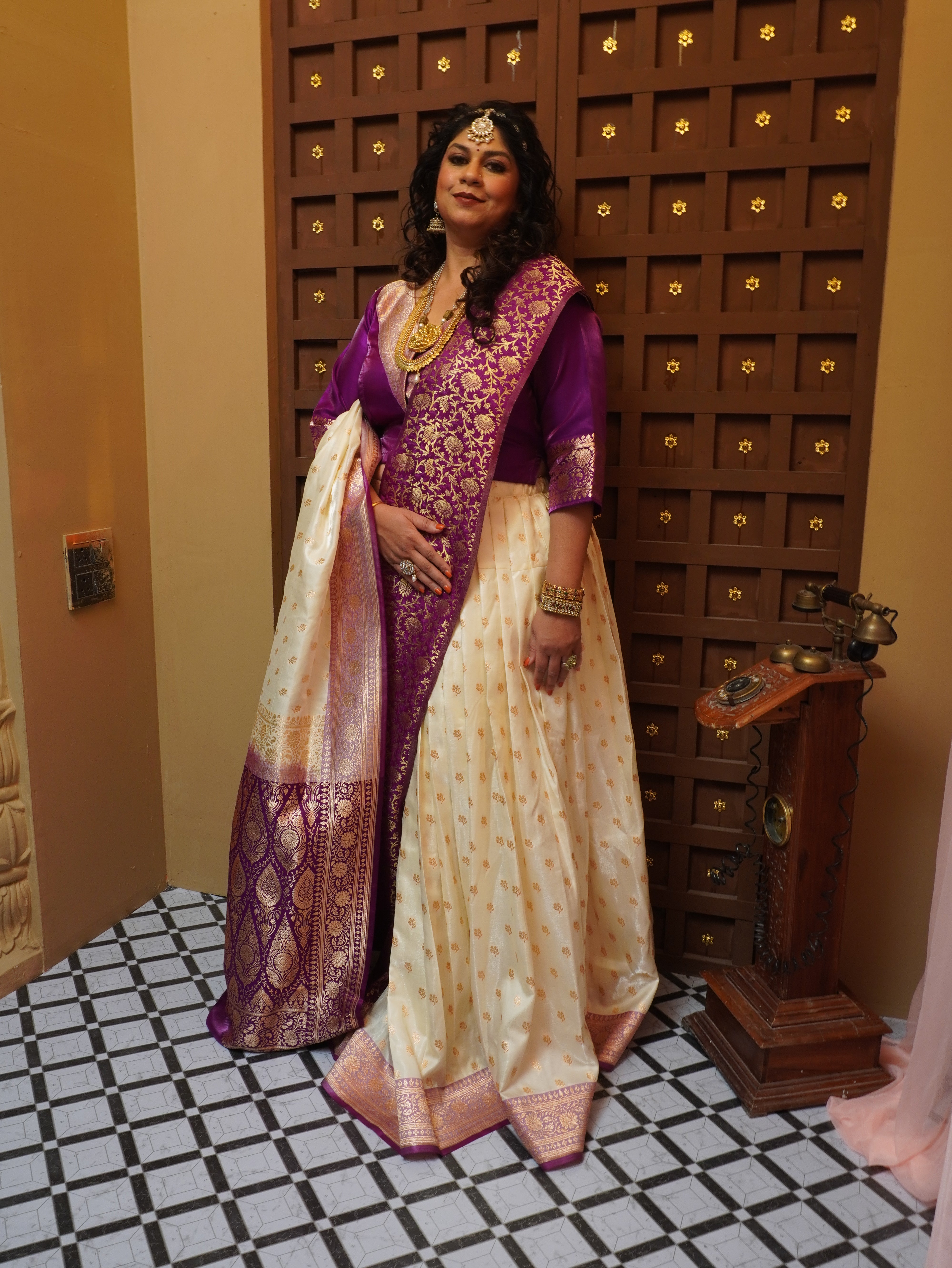 Purple Brocade and Beige Semi Silk Upada Ghagra with Purple Brocade Dupatta