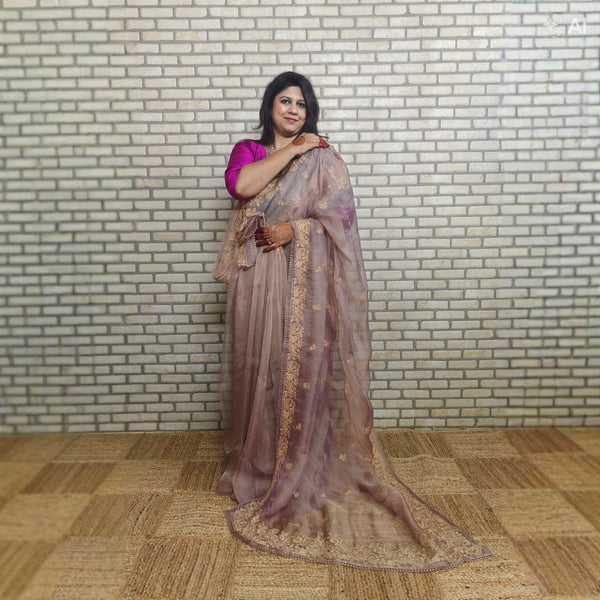 Purplish Tinged Glass Tissue Organza Saree