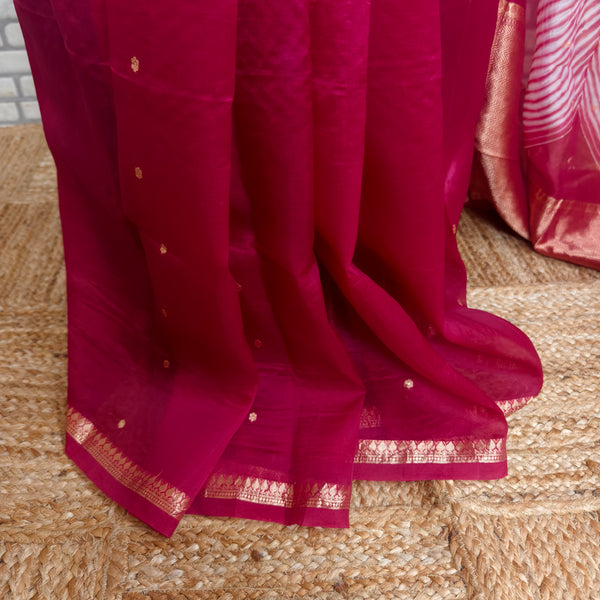 White and Pinkish Red Arasi Dyed Silk Organza Saree