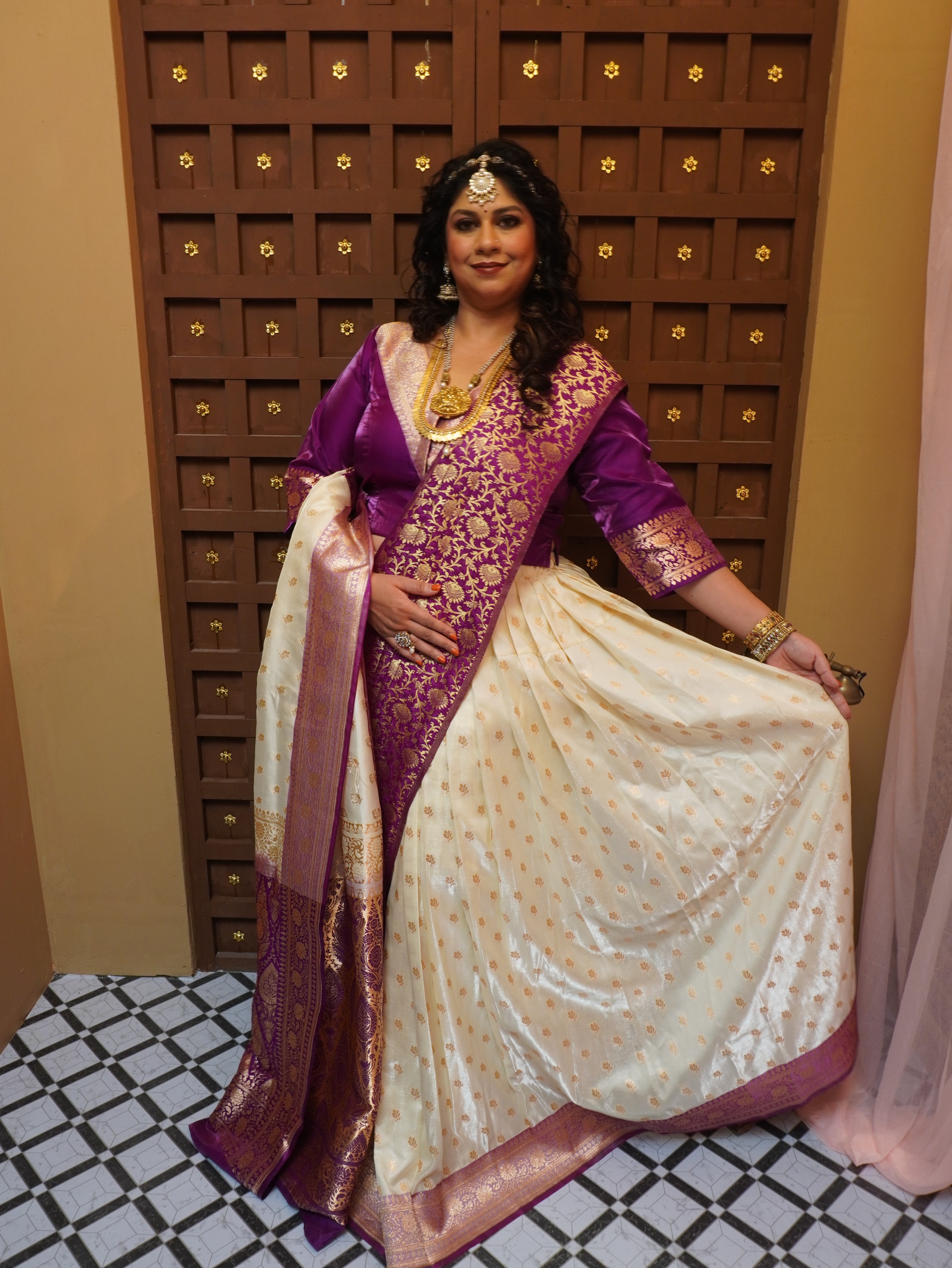 Purple Brocade and Beige Semi Silk Upada Ghagra with Purple Brocade Dupatta