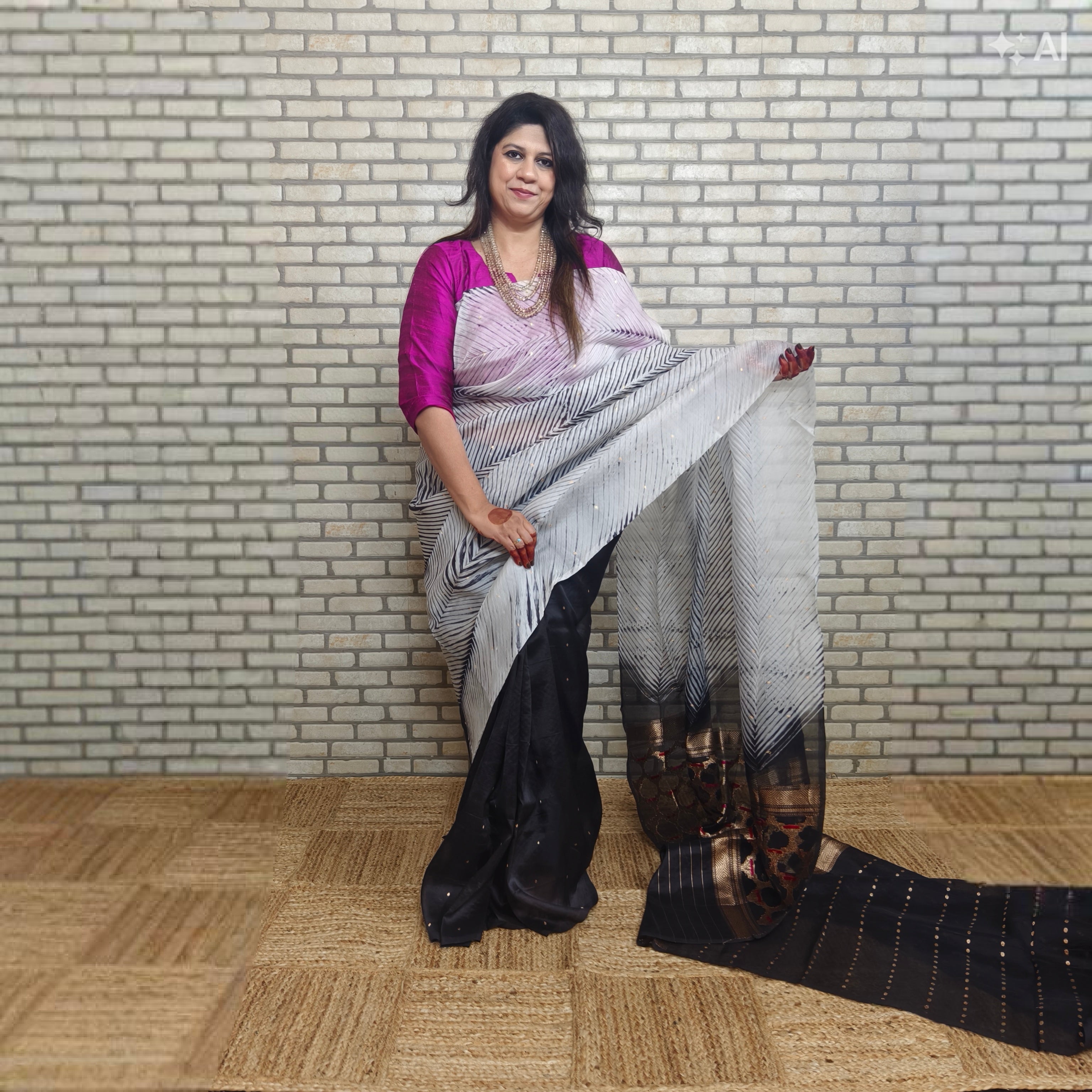 White and Black Arasi Dyed Silk Organza Saree