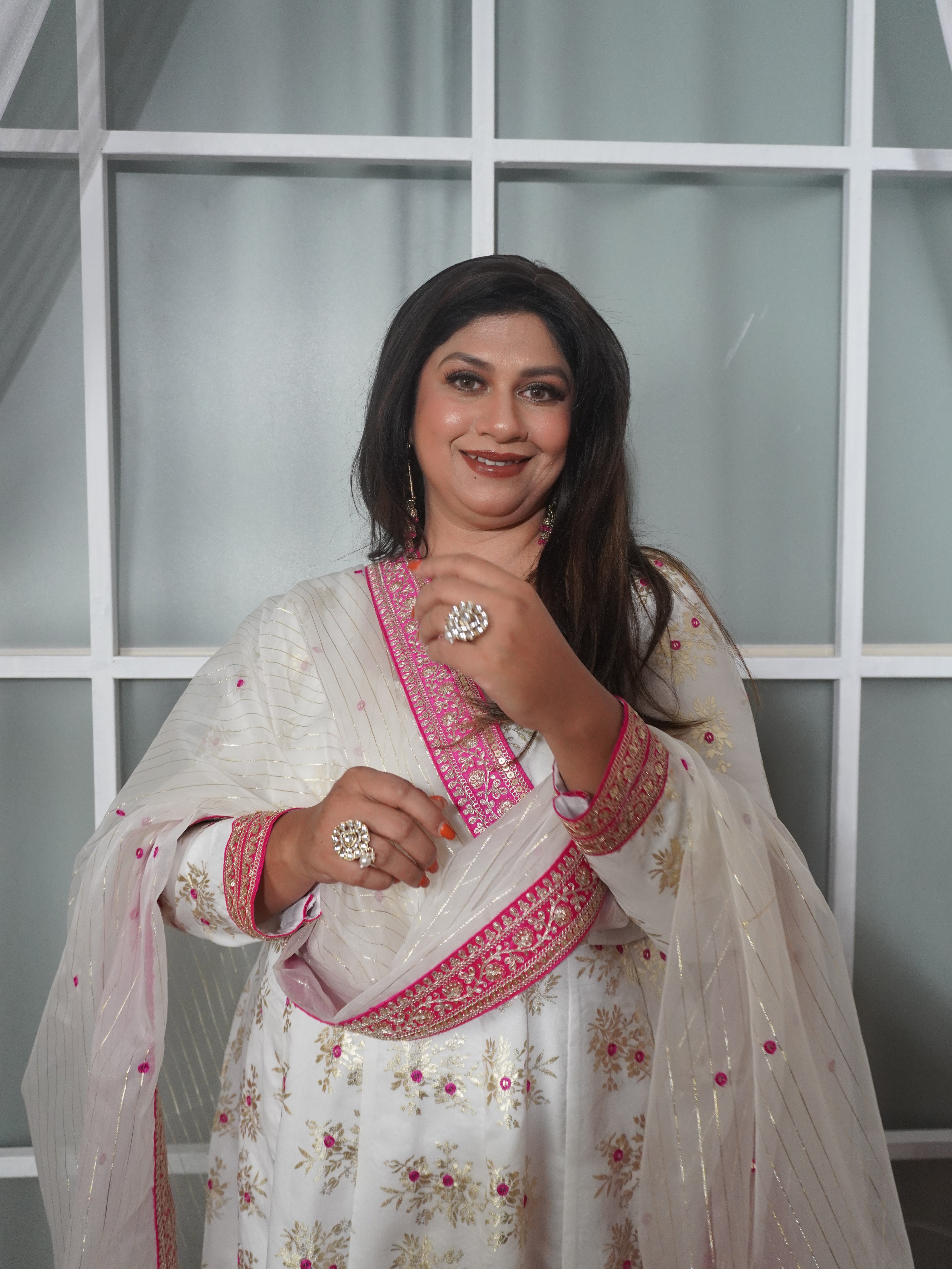 Pure Chanderi White and Pink Kurta Palazzo Set