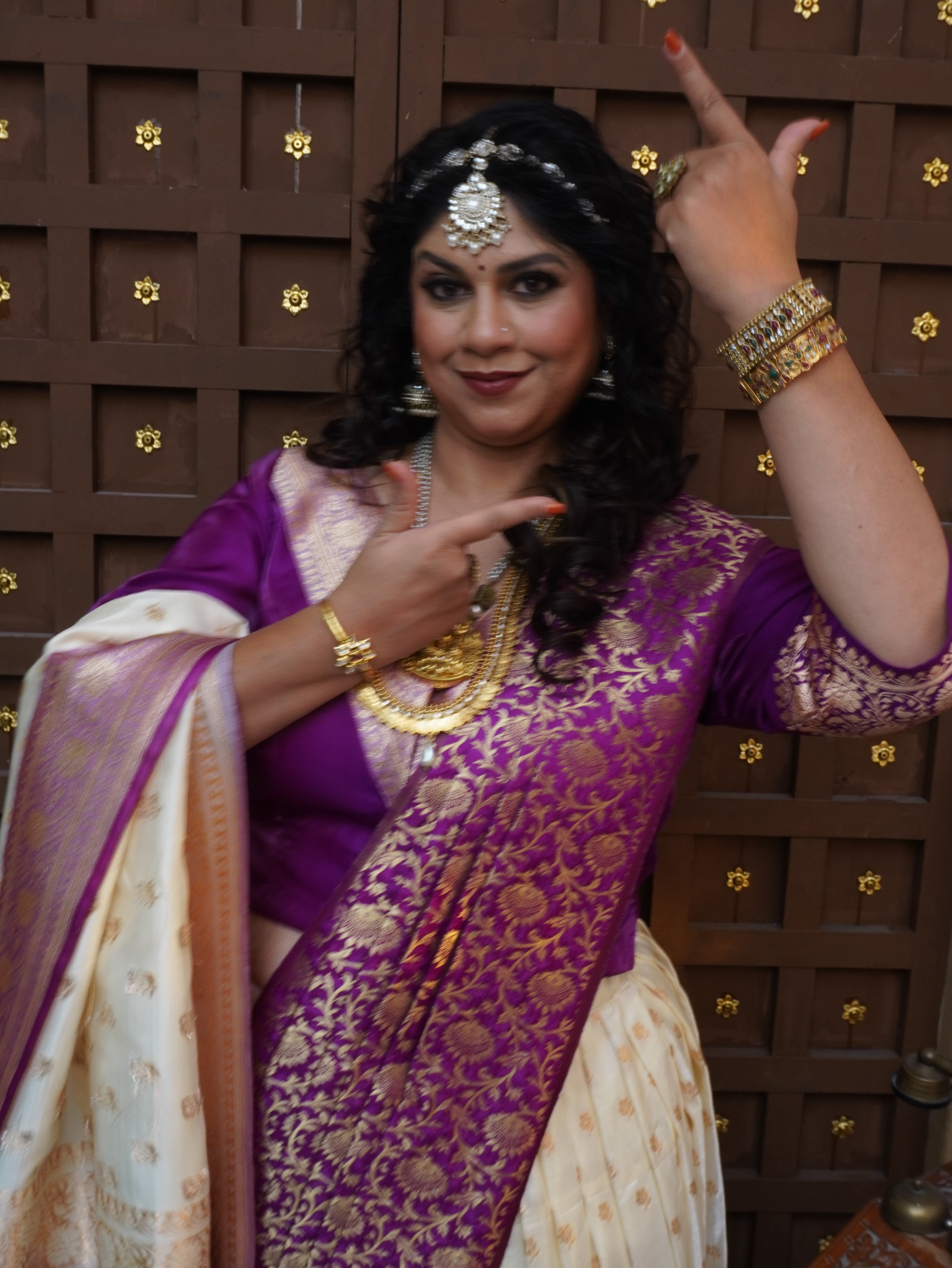 Purple Brocade and Beige Semi Silk Upada Ghagra with Purple Brocade Dupatta