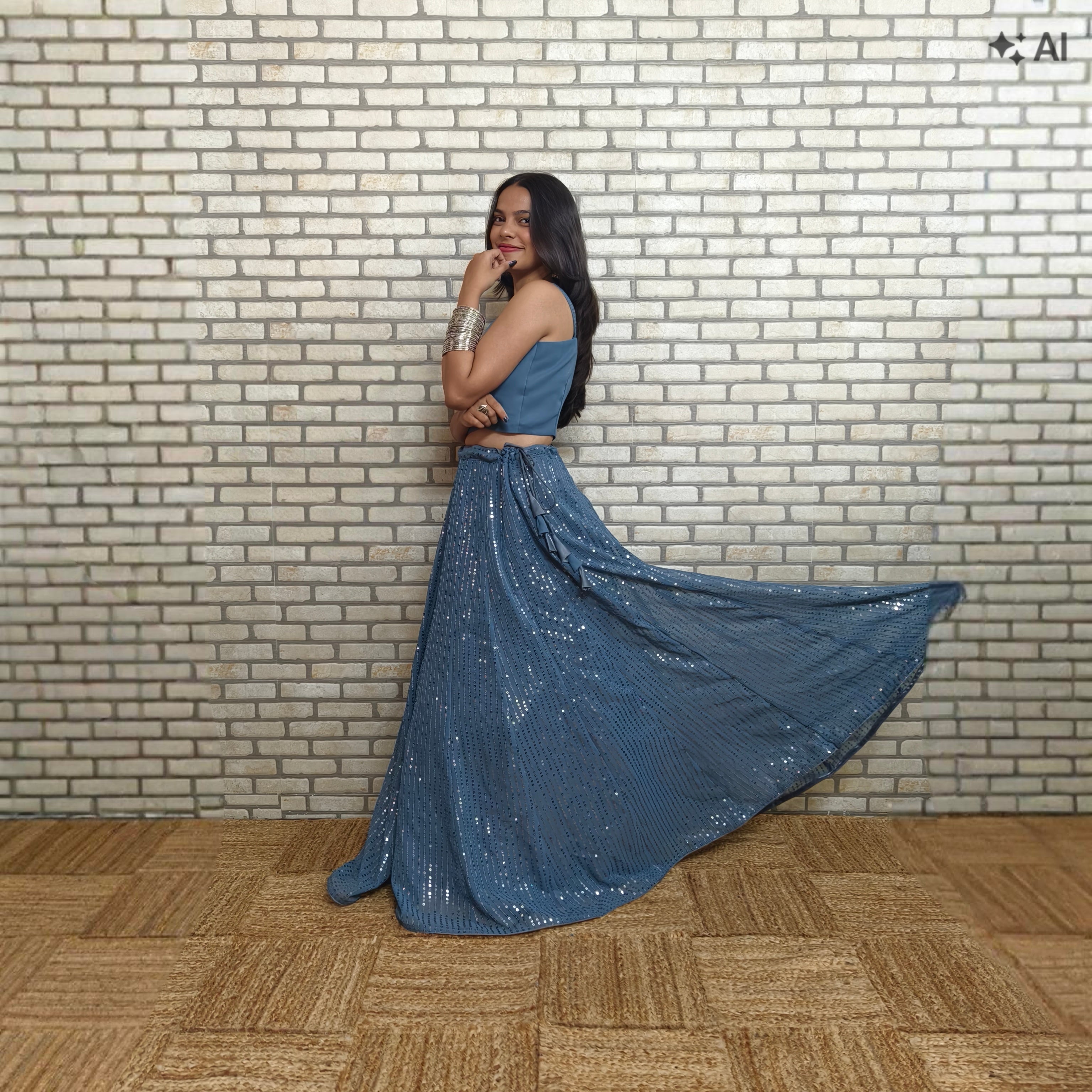 Grey Sequence Ghagra with Plain Blouse