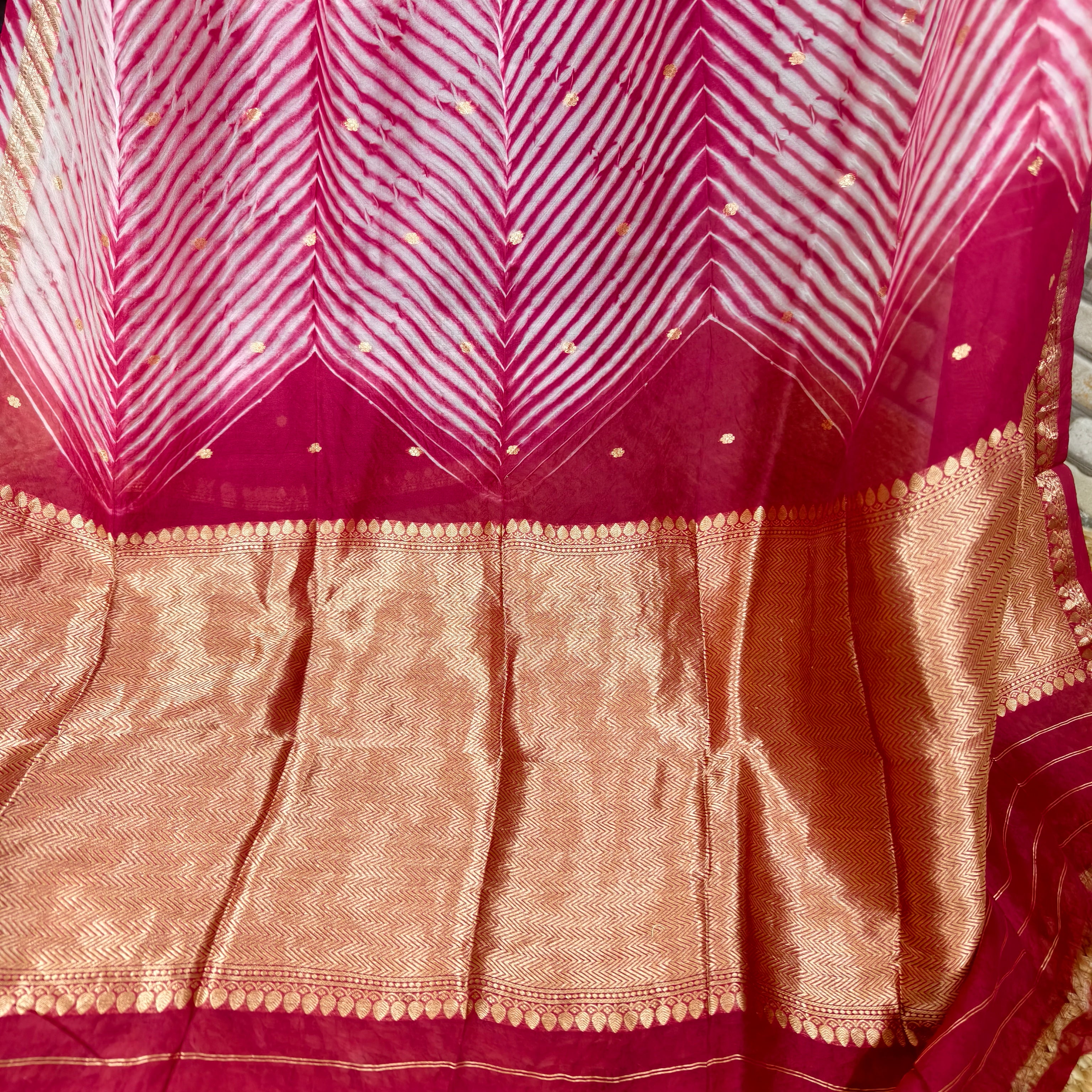 White and Pinkish Red Arasi Dyed Silk Organza Saree