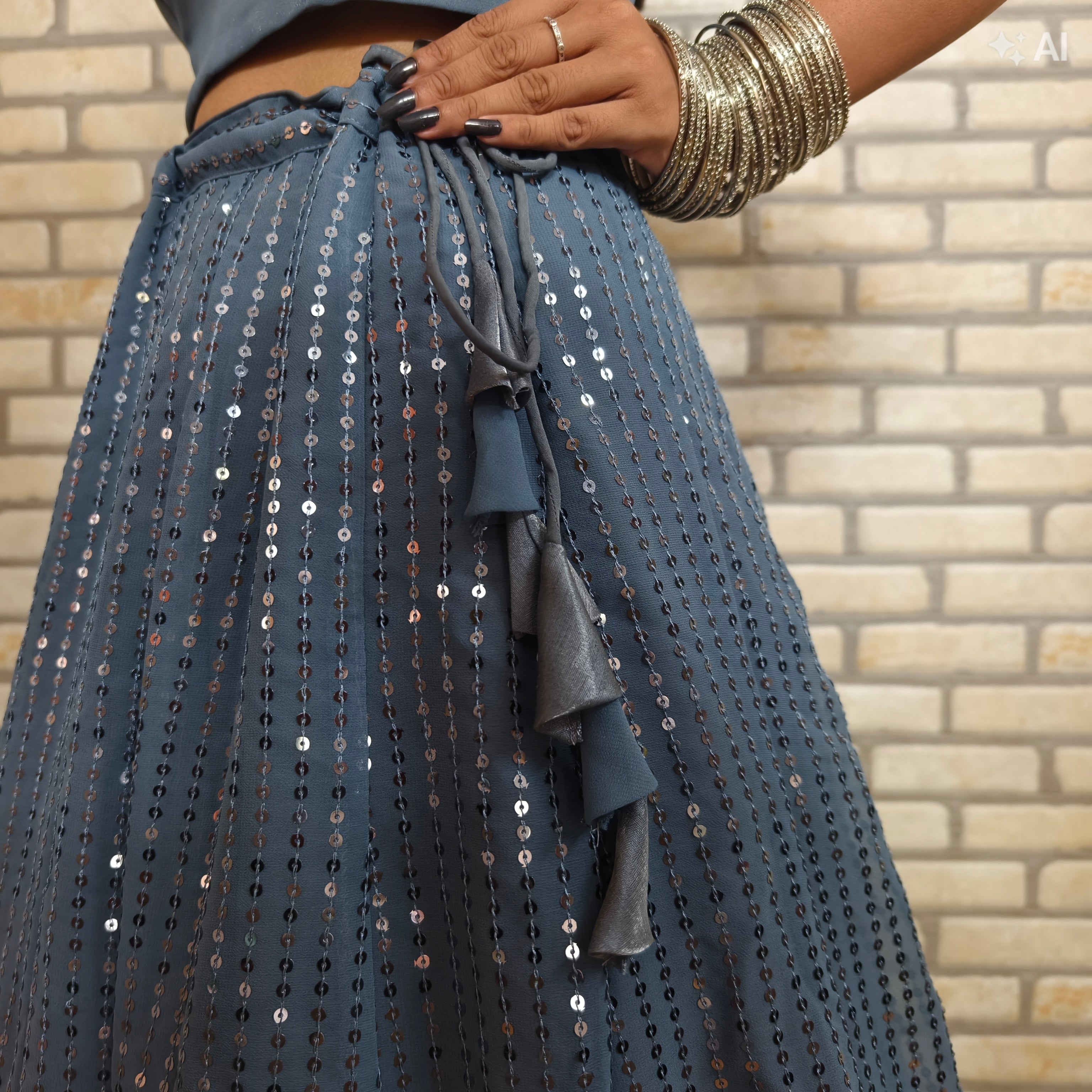 Grey Sequence Ghagra with Plain Blouse