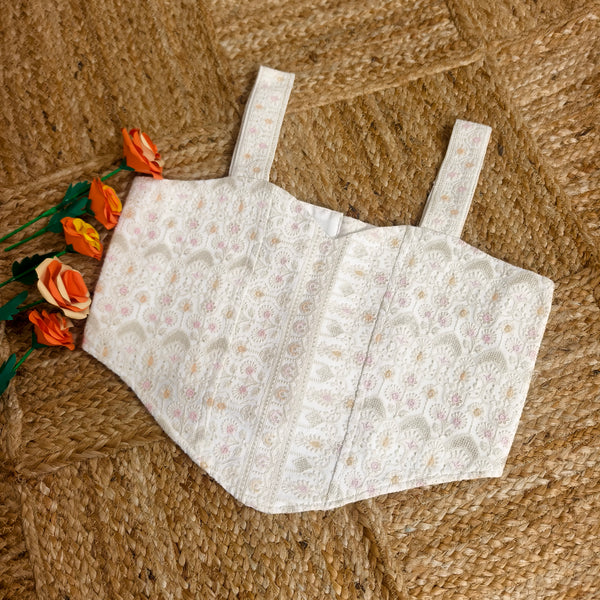 Beige Embroidered Corset Blouse with Pink and Orange Embroidery (Size 36)