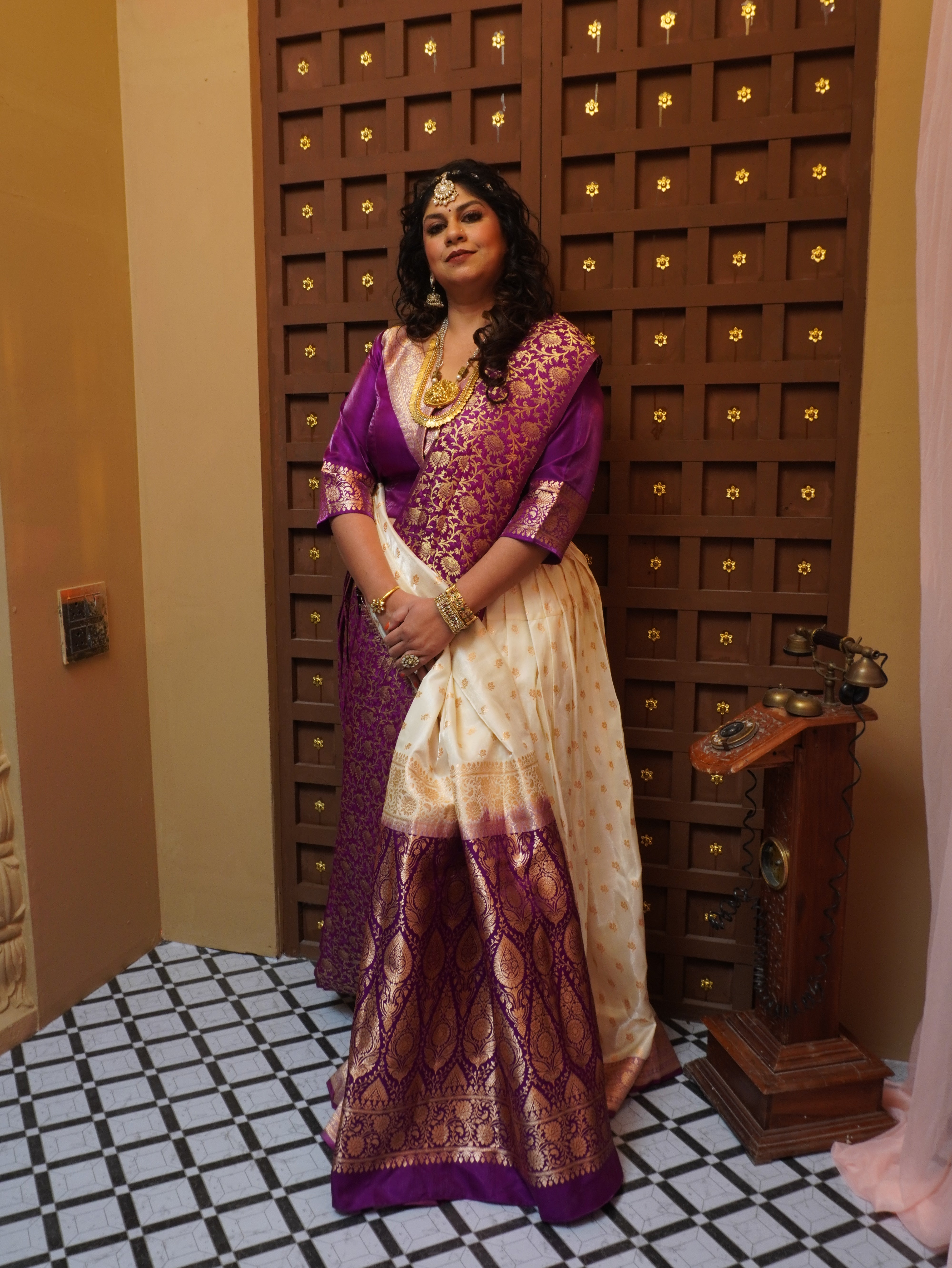 Purple Brocade and Beige Semi Silk Upada Ghagra with Purple Brocade Dupatta