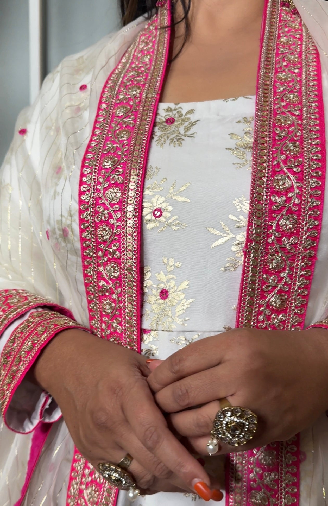 Pure Chanderi White and Pink Kurta Palazzo Set