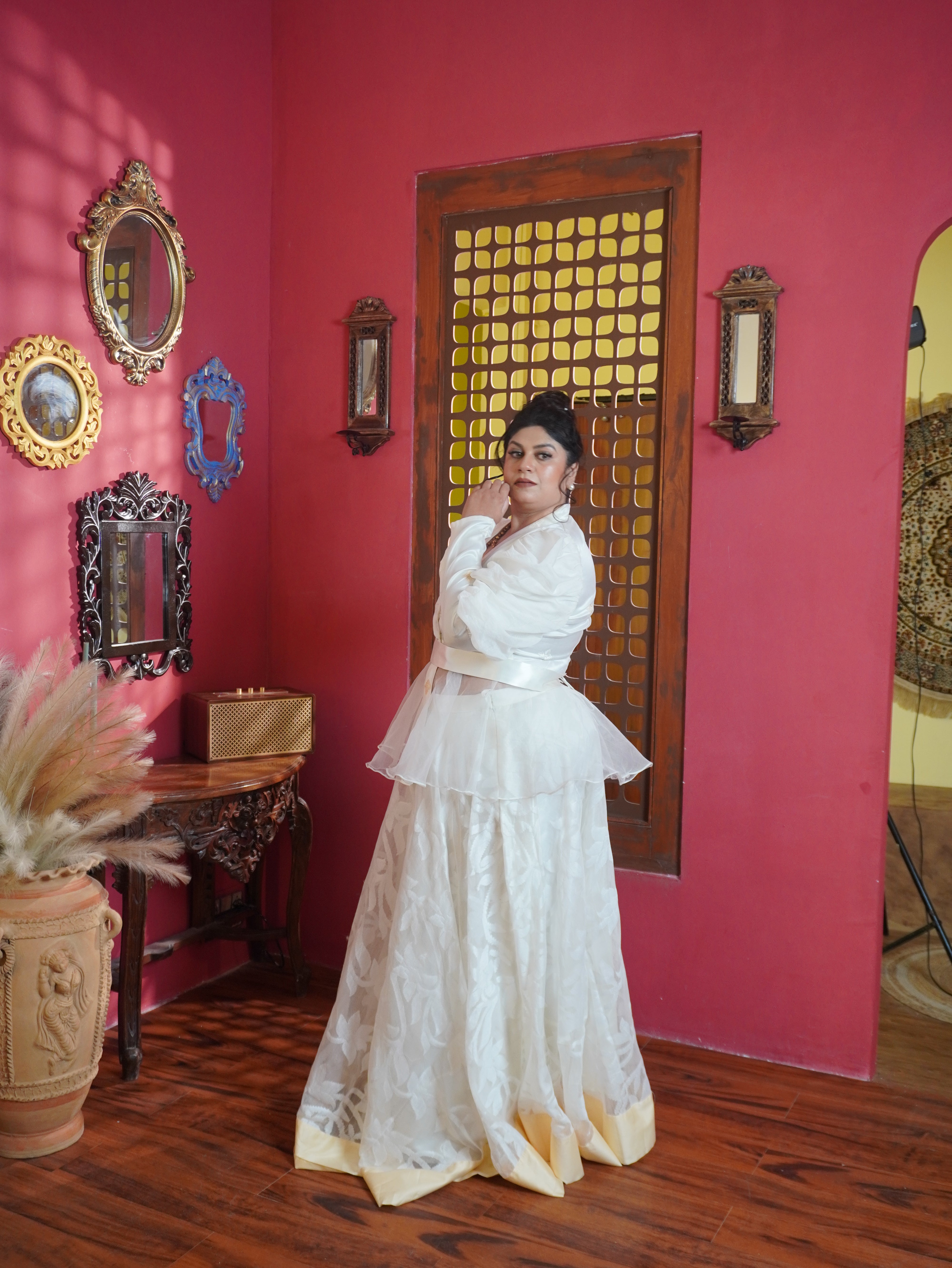 White and Beige Jamdani Skirt and Top